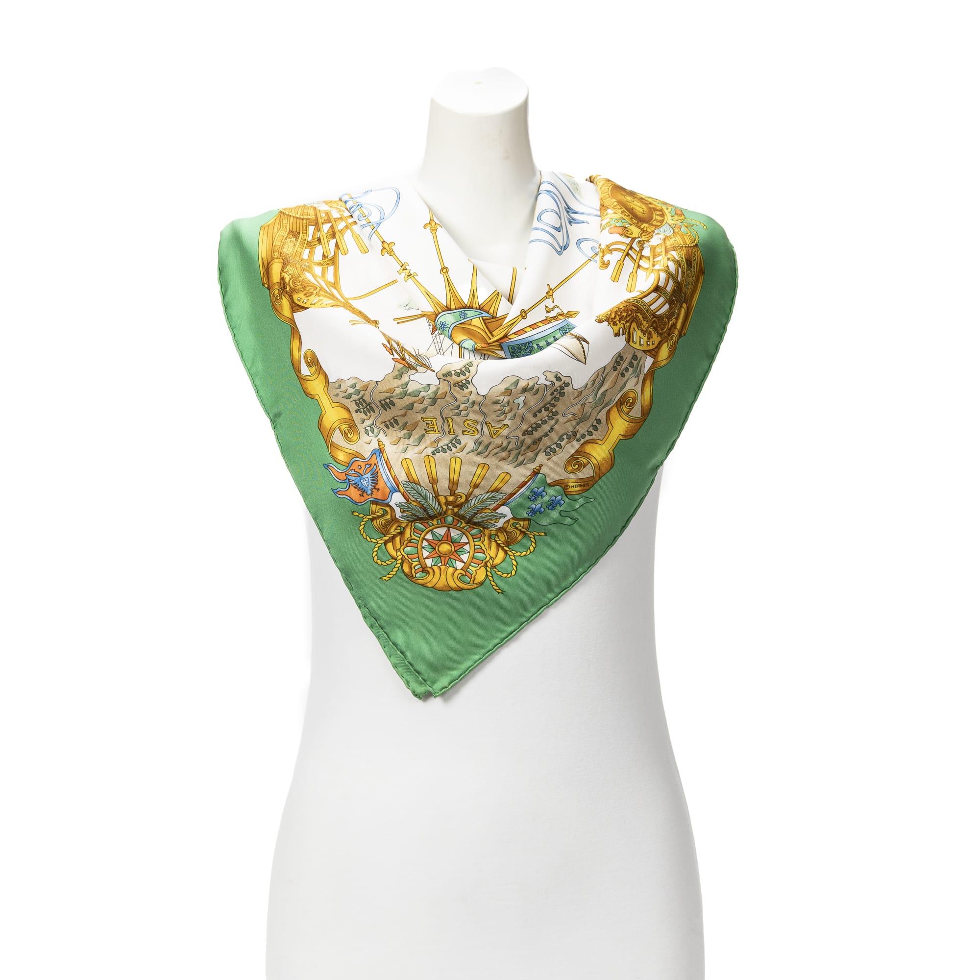 Hermès Hermès Green/White/Gold Silk Scarf ABB9544