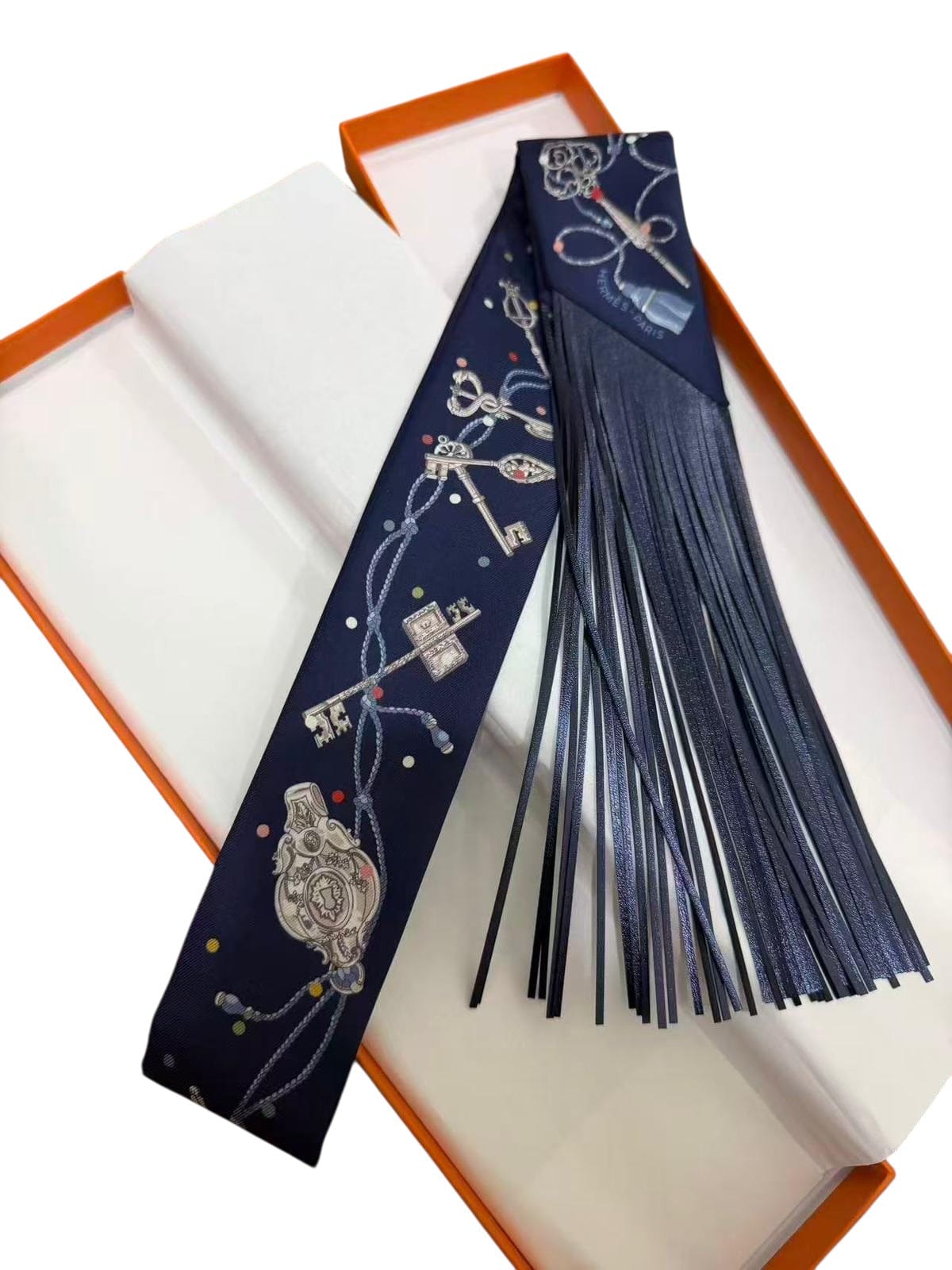Hermes Hermes Navy Keys Twilly with Leather Fringe