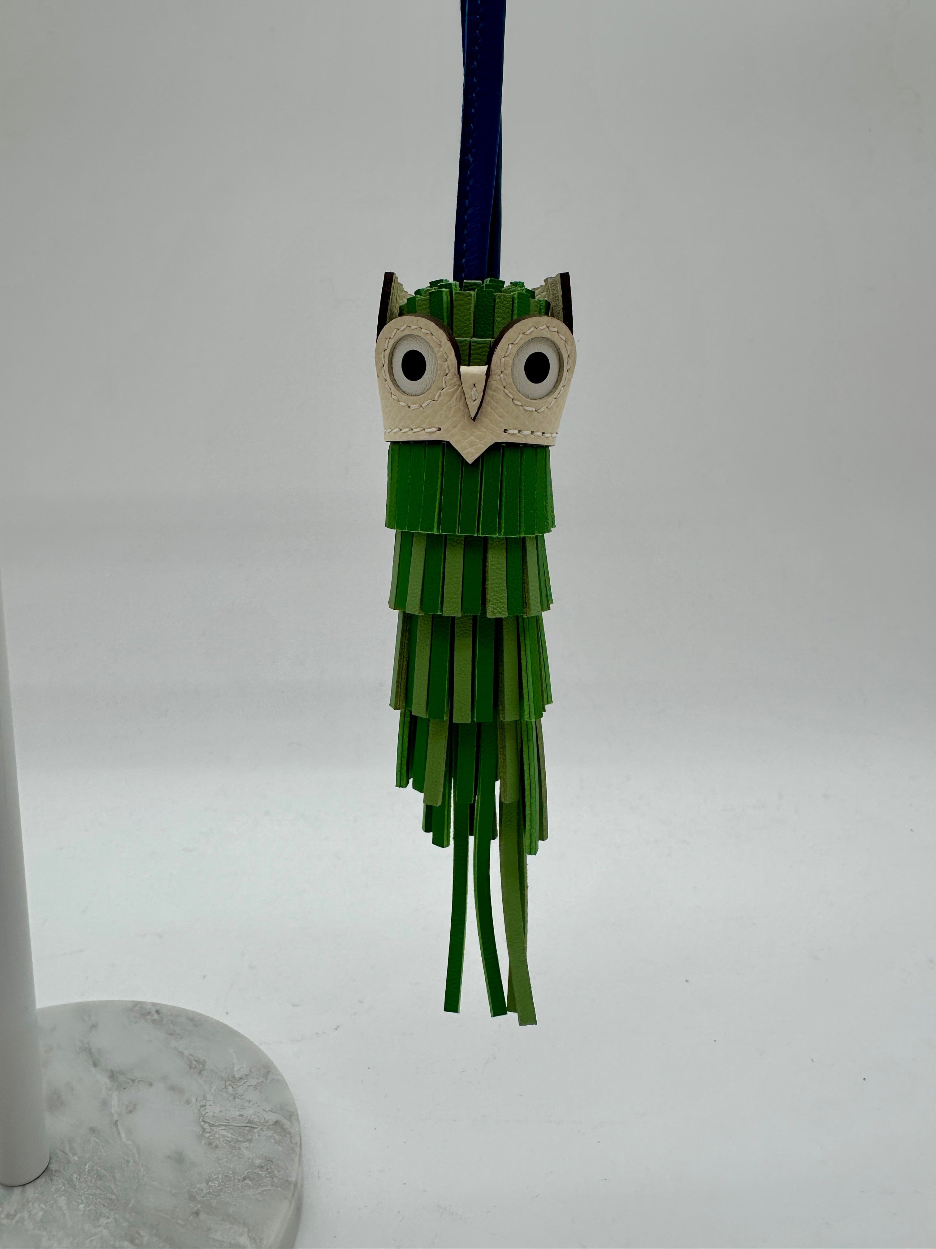 Hermès Chouette Owl Charm Vert Yucca/ Vert Criquet/ Bleu France/ Nata Milo, Swift and Epsom