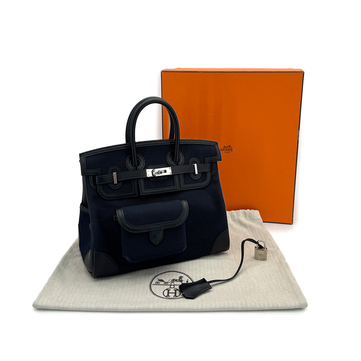 HERMES BIRKIN 25 CARGO BLUE MARINE BALCK VEAU SWIFT TOILE H HAND BAG 2020 Y PALLADIUM HARDWARE 90312704