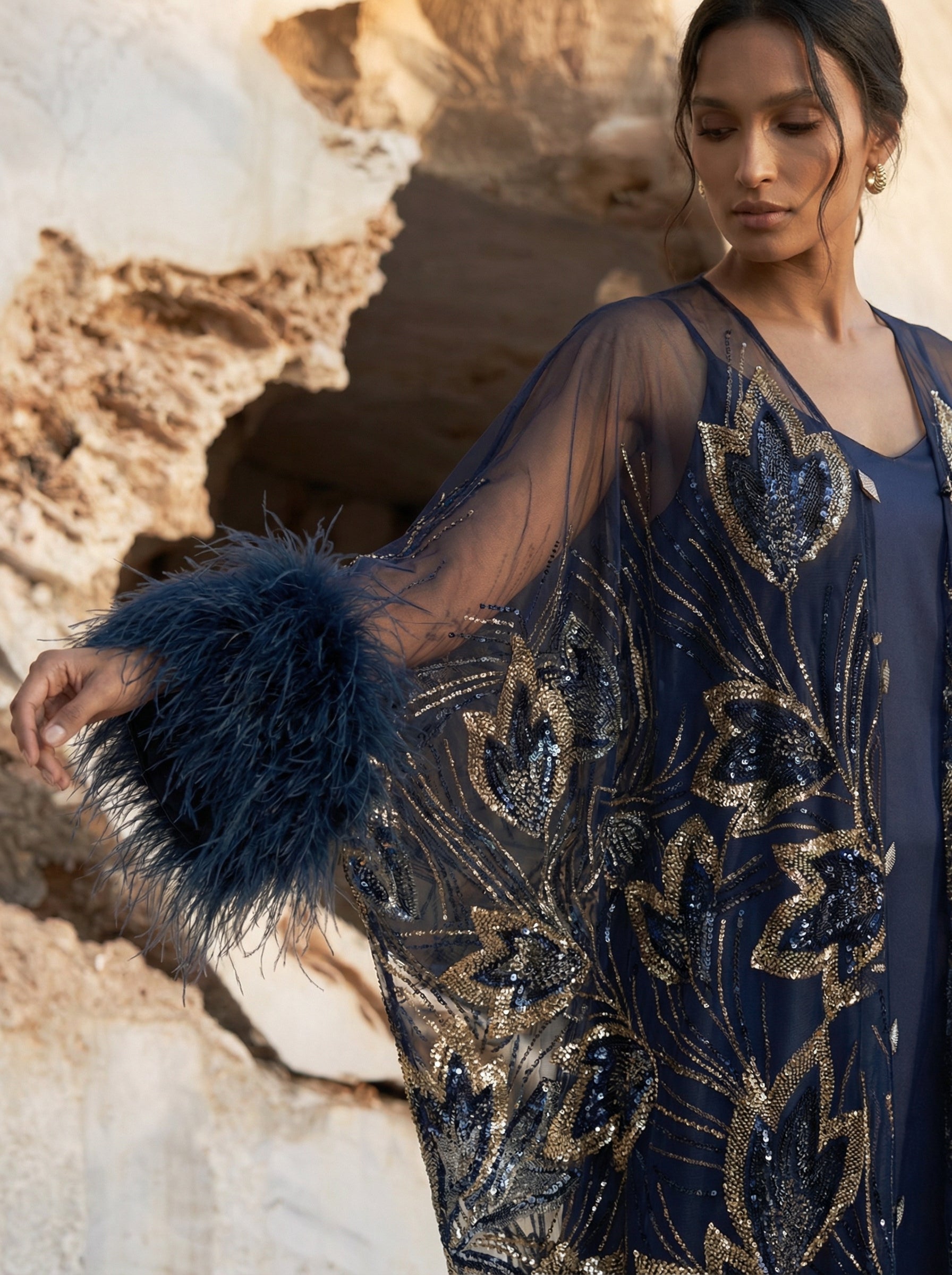 EMPRESS KAFTAN BLUE/GOLD FEATHER SIZE OS ASC7072
