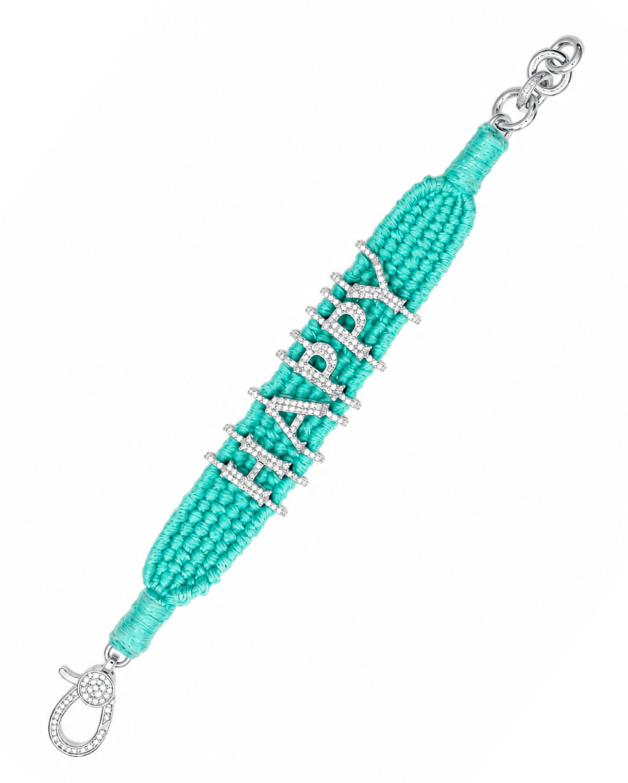 House Of Chatterjee HAPPY Diamond-encrusted Sterling Silver Friendship Bracelet in Turquoise Thread