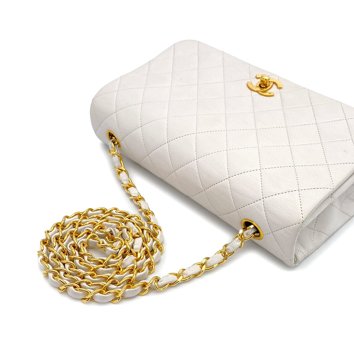JAPAN VINTAGE CHANEL FULL FLAP CHAIN SHOULDER BAG WHITE LAMB SKIN GOLD HARDWARE 90311832