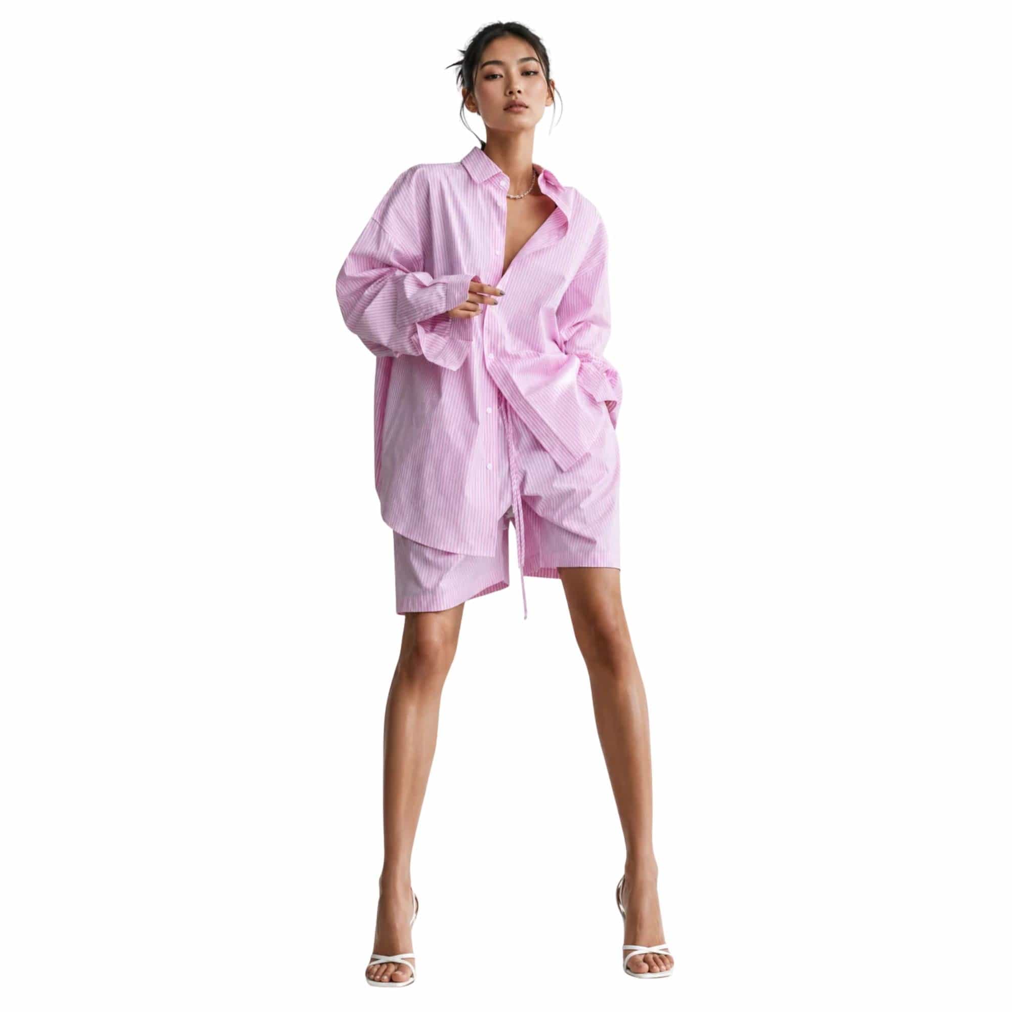 K-FASHION OVERSIZED PINSTRIPE TWO-PIECE SET تعيين (SHIRT & BERMUDA SHORT) “SEONGSU”