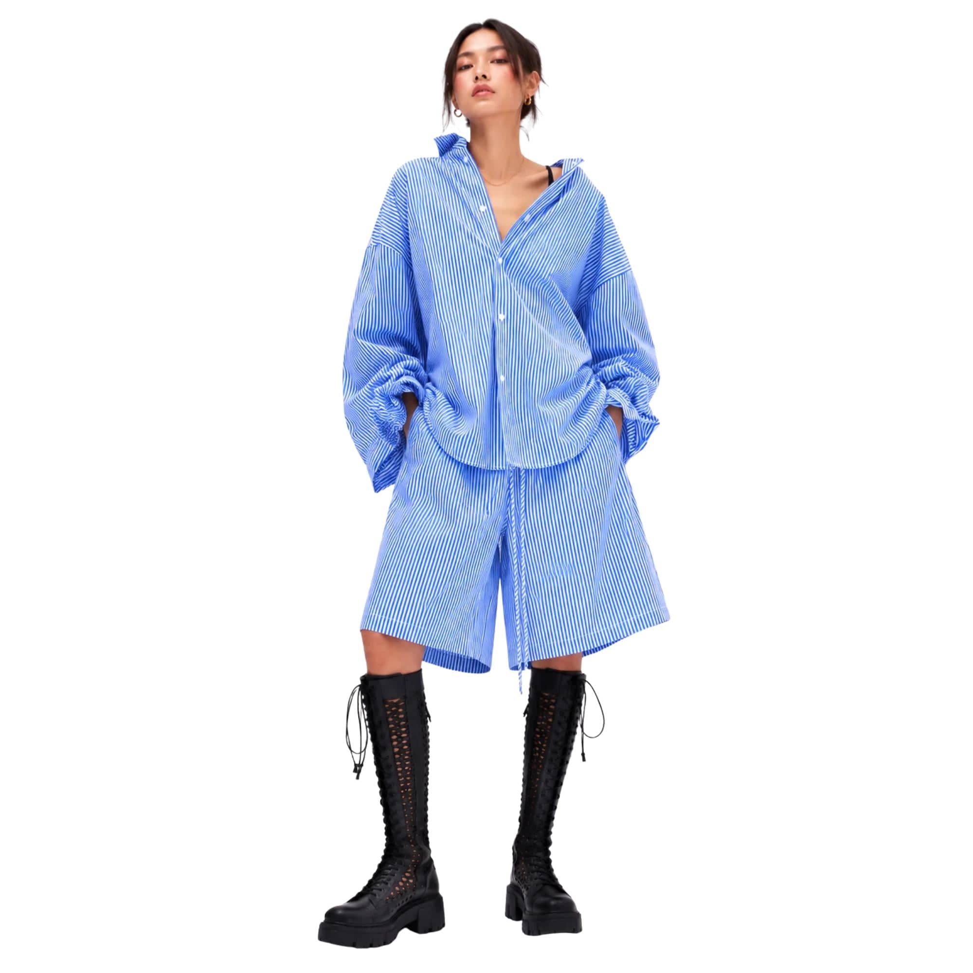 K-FASHION OVERSIZED PINSTRIPE TWO-PIECE SET تعيين (SHIRT & BERMUDA SHORT) “SEONGSU”