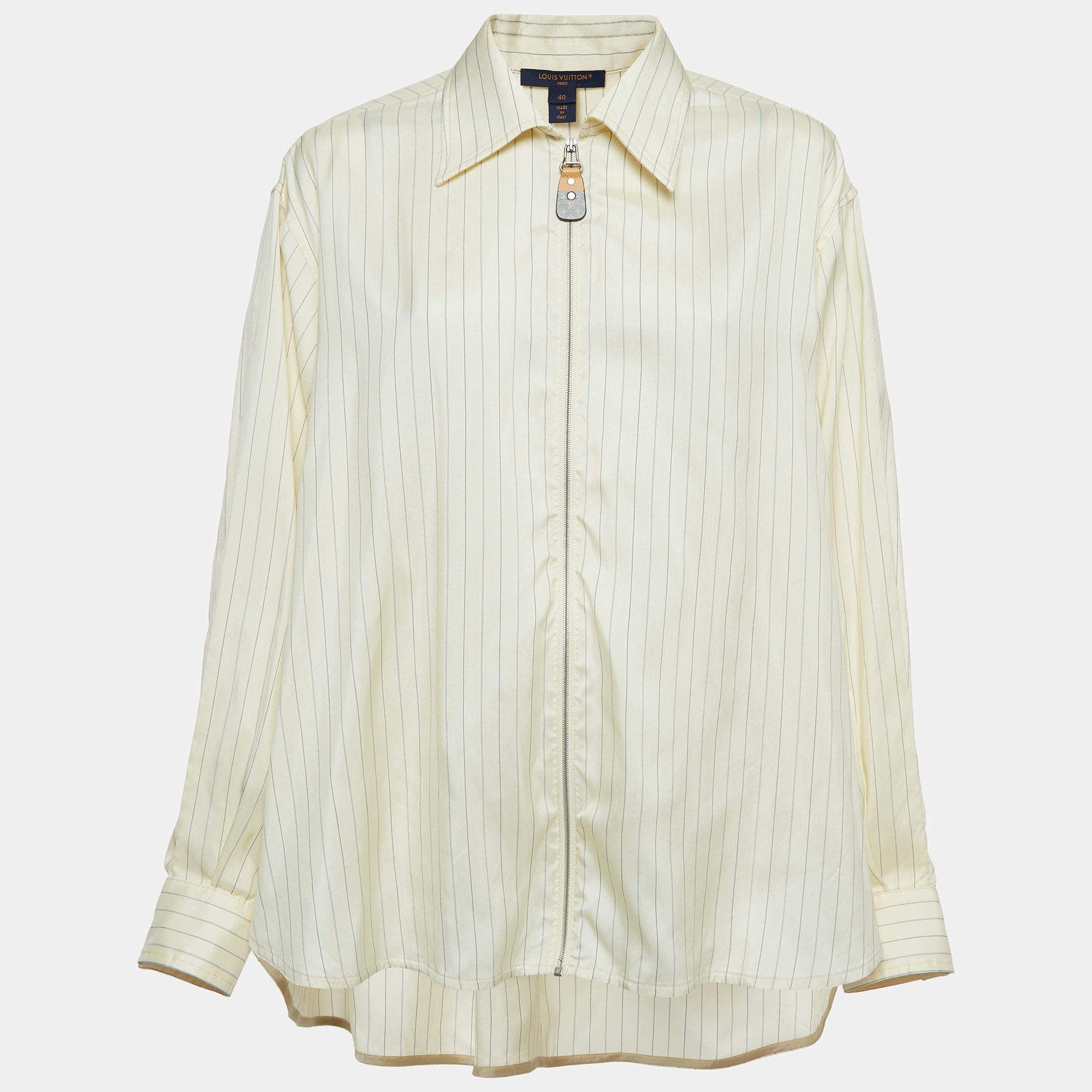 Louis Vuitton Louis Vuitton Beige Pinstripe Silk Dipped Hem Zip-Up Shirt L ASCLC2429