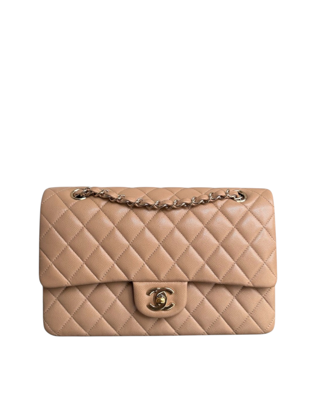 Luxury Evermore beige quilted leather classic flap bag with gold-tone chain strap and interlocking CC logo hardware