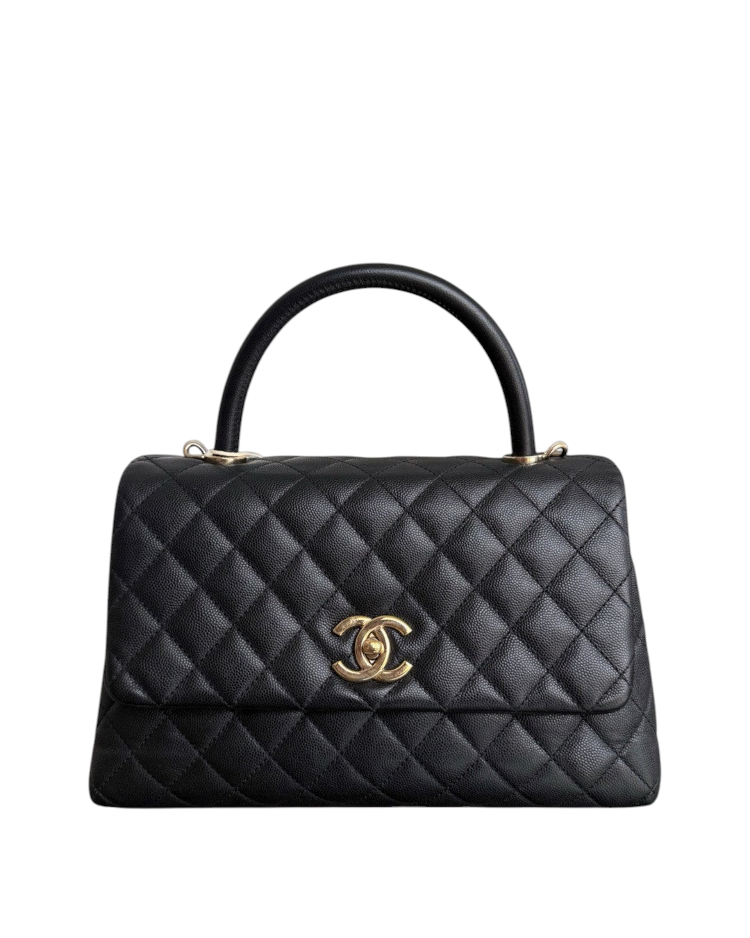 Luxury Evermore black quilted leather handbag with a top handle and gold CC logo hardware on a white surface.