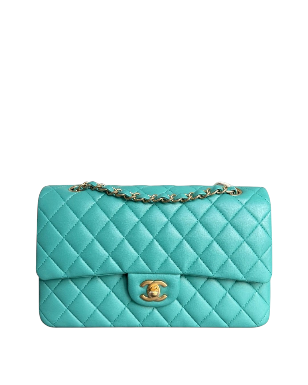 Luxury Evermore Chanel Classic Flap Medium bag in teal quilted lambskin with gold hardware and chain strap