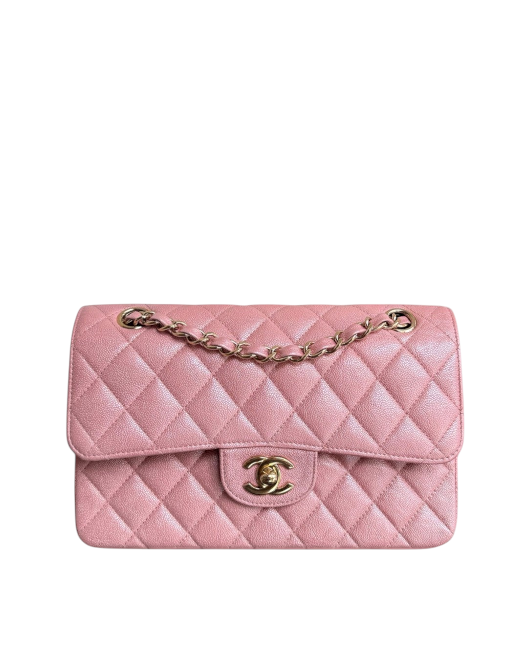 Luxury Evermore pink quilted caviar leather Chanel classic flap bag with gold-tone chain strap and CC turn-lock