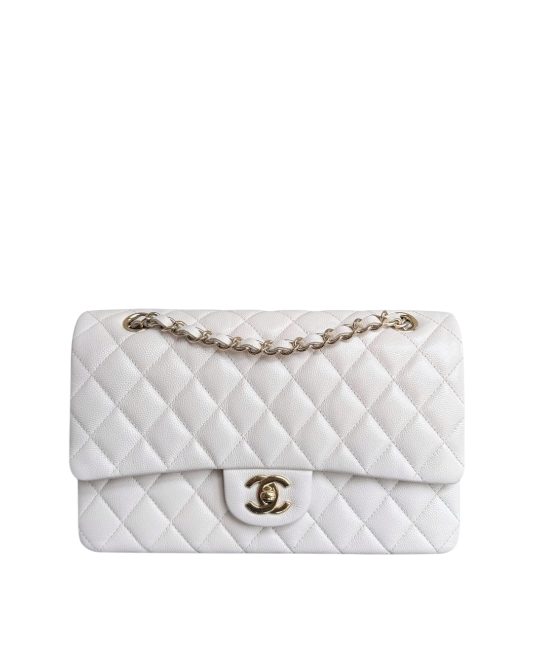 Luxury Evermore white quilted caviar leather Chanel classic flap bag with gold tone hardware and chain strap