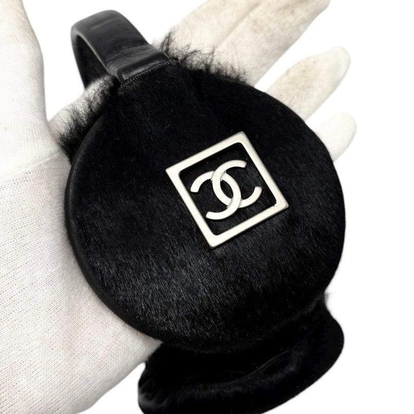 Luxury Promise CHANEL Sport Vintage CC Mark Logo Earmuffs Black Silver Pony Calf Hair Leather