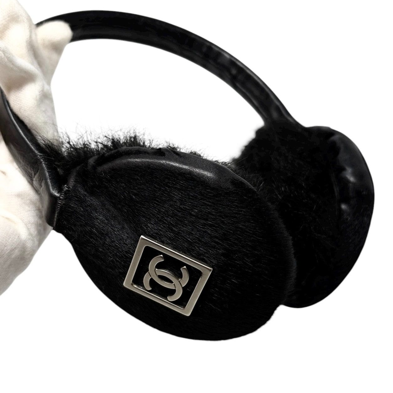 Luxury Promise CHANEL Sport Vintage CC Mark Logo Earmuffs Black Silver Pony Calf Hair Leather