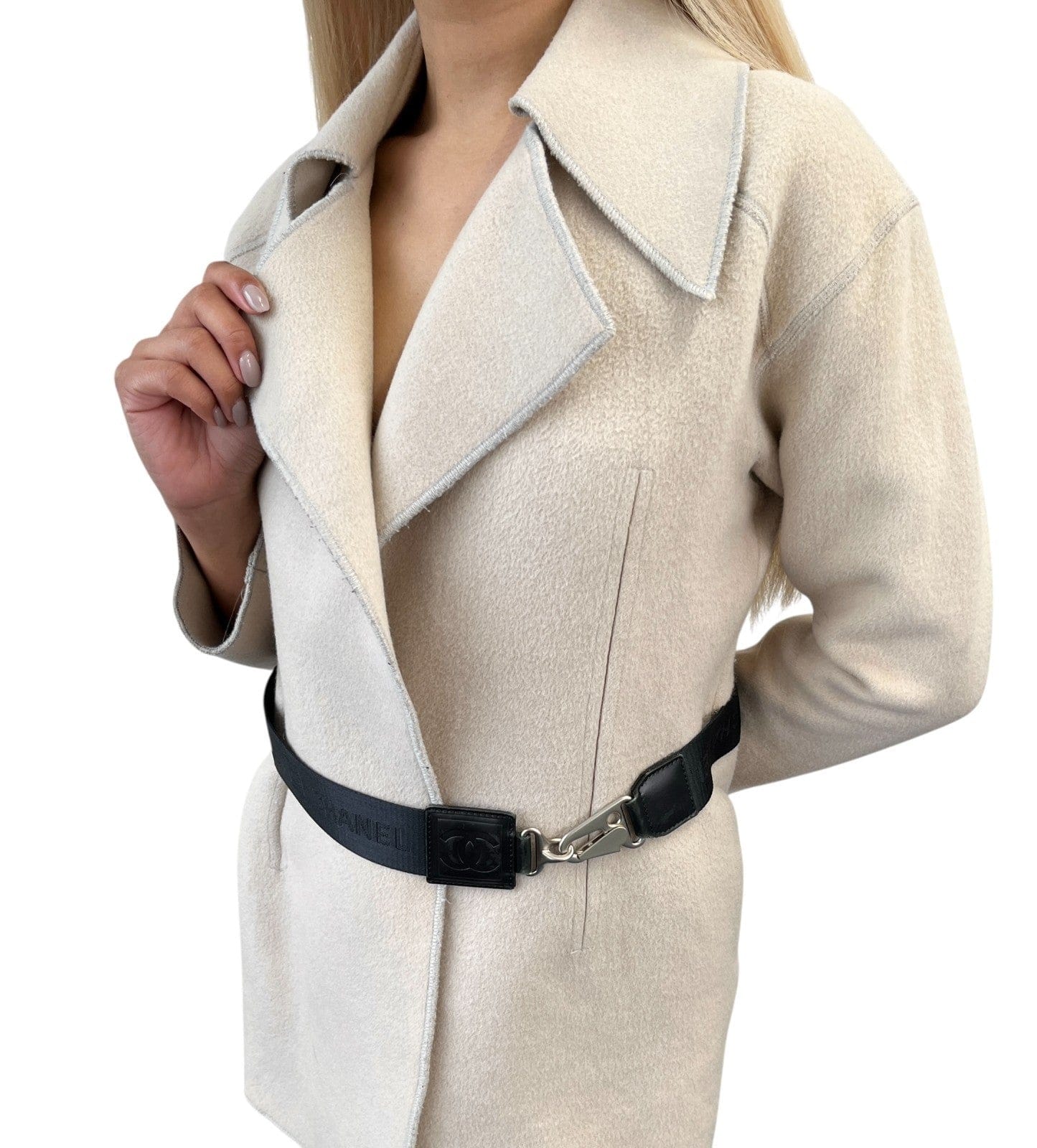 Luxury Promise CHANEL Sport Vintage CC Mark Logo Open Front Jacket Belt Beige Black Wool