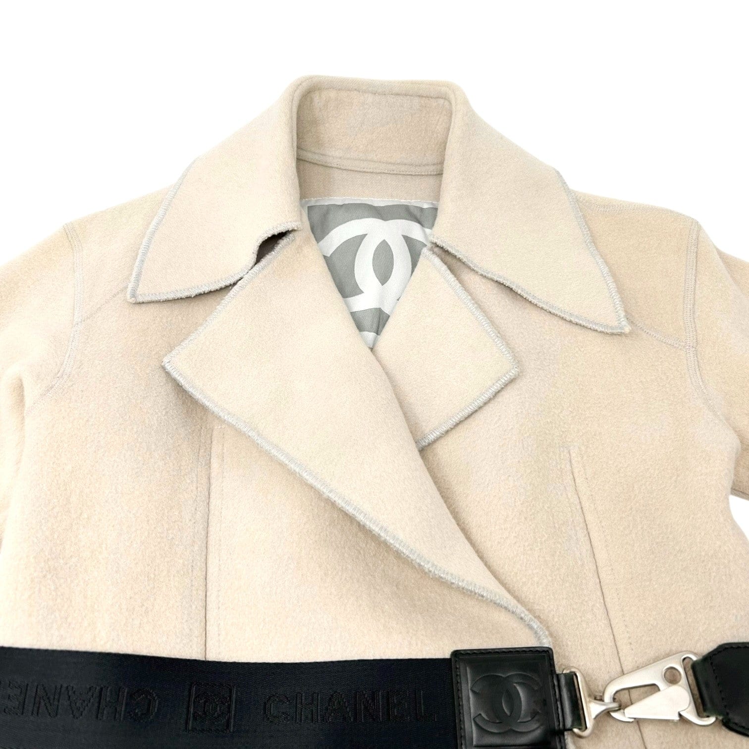 Luxury Promise CHANEL Sport Vintage CC Mark Logo Open Front Jacket Belt Beige Black Wool