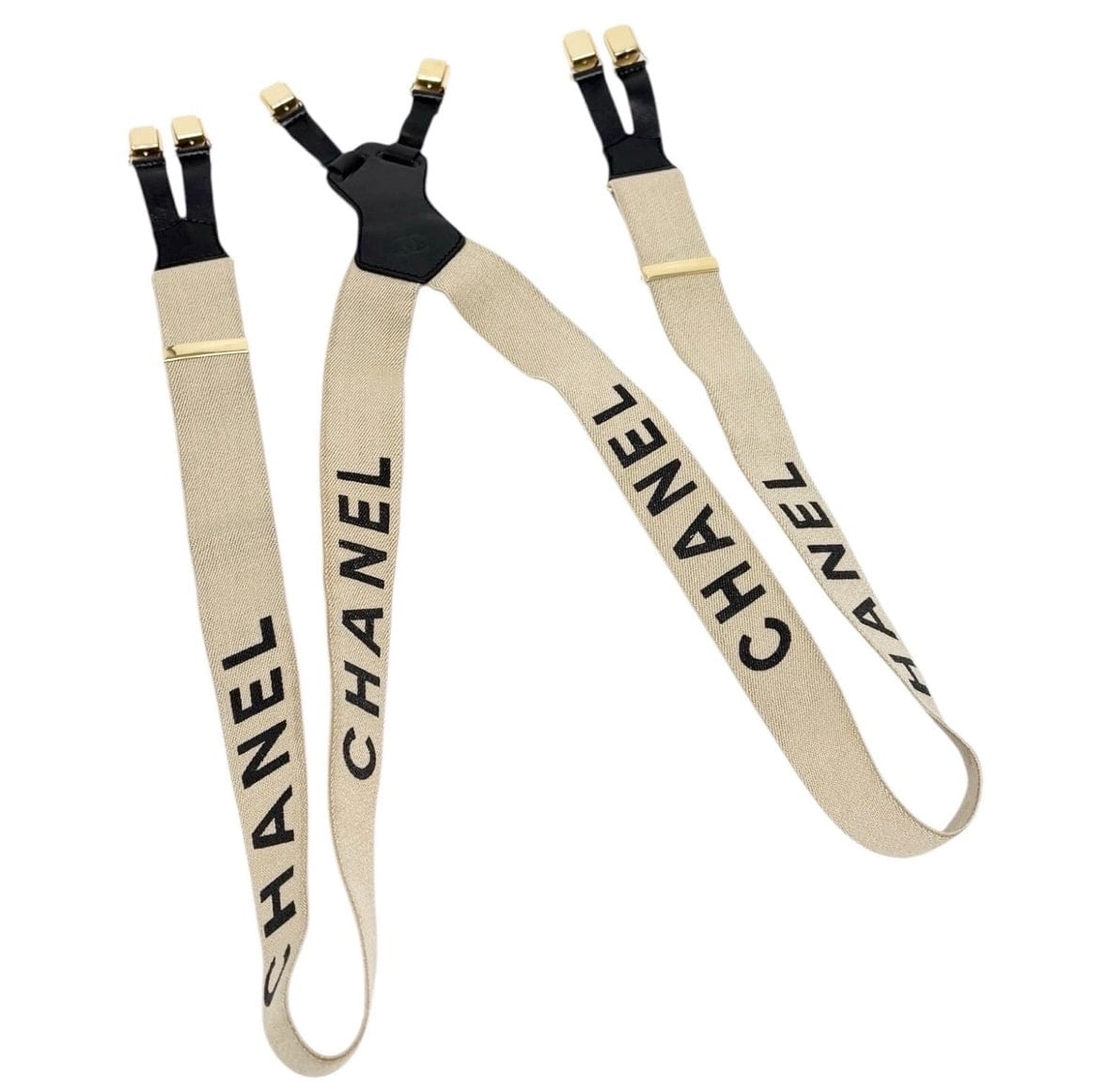 Luxury Promise CHANEL Vintage 1994 CC Logo Letter Suspender Belt Beige Black Cotton Leather