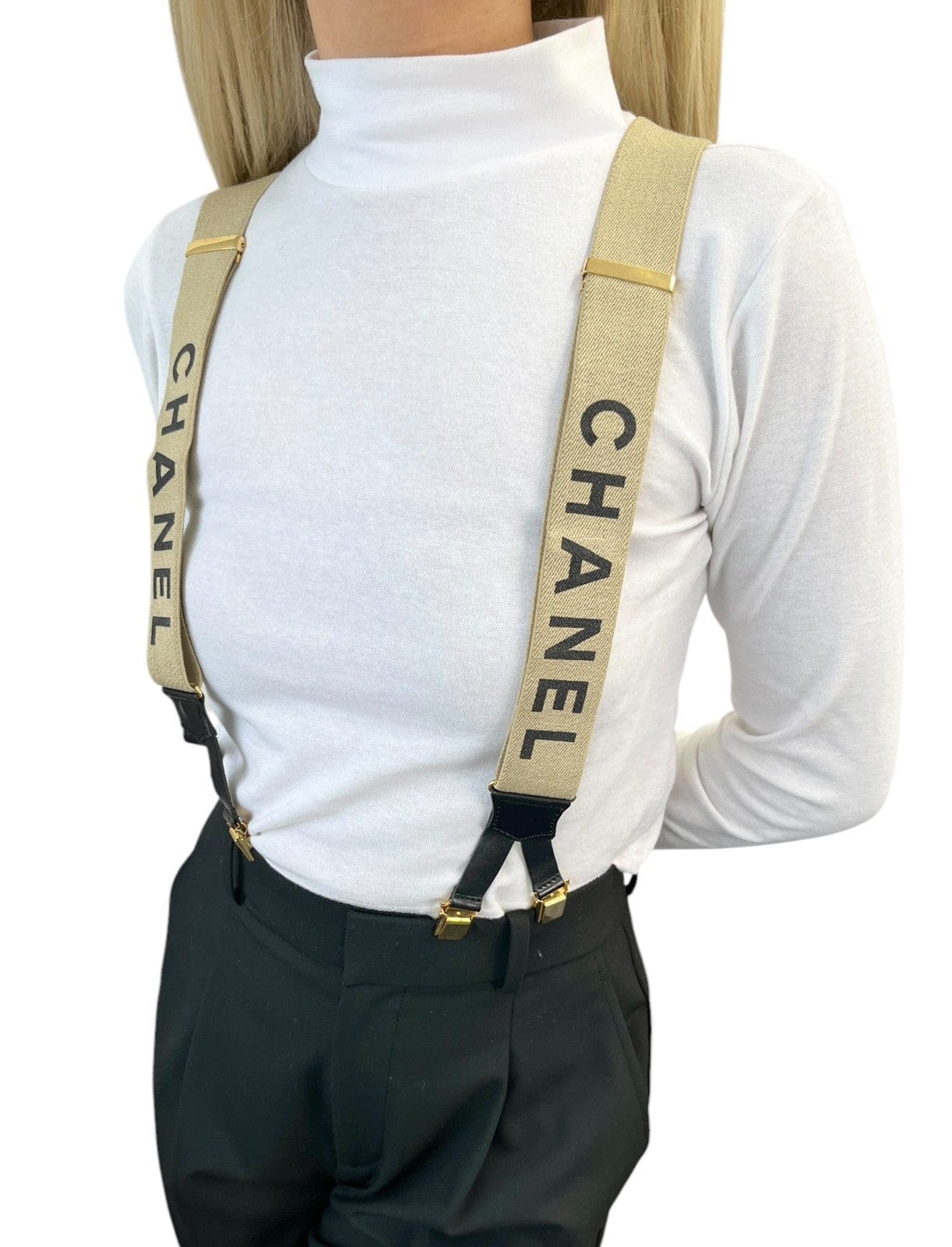 Luxury Promise CHANEL Vintage 1994 CC Logo Letter Suspender Belt Beige Black Cotton Leather