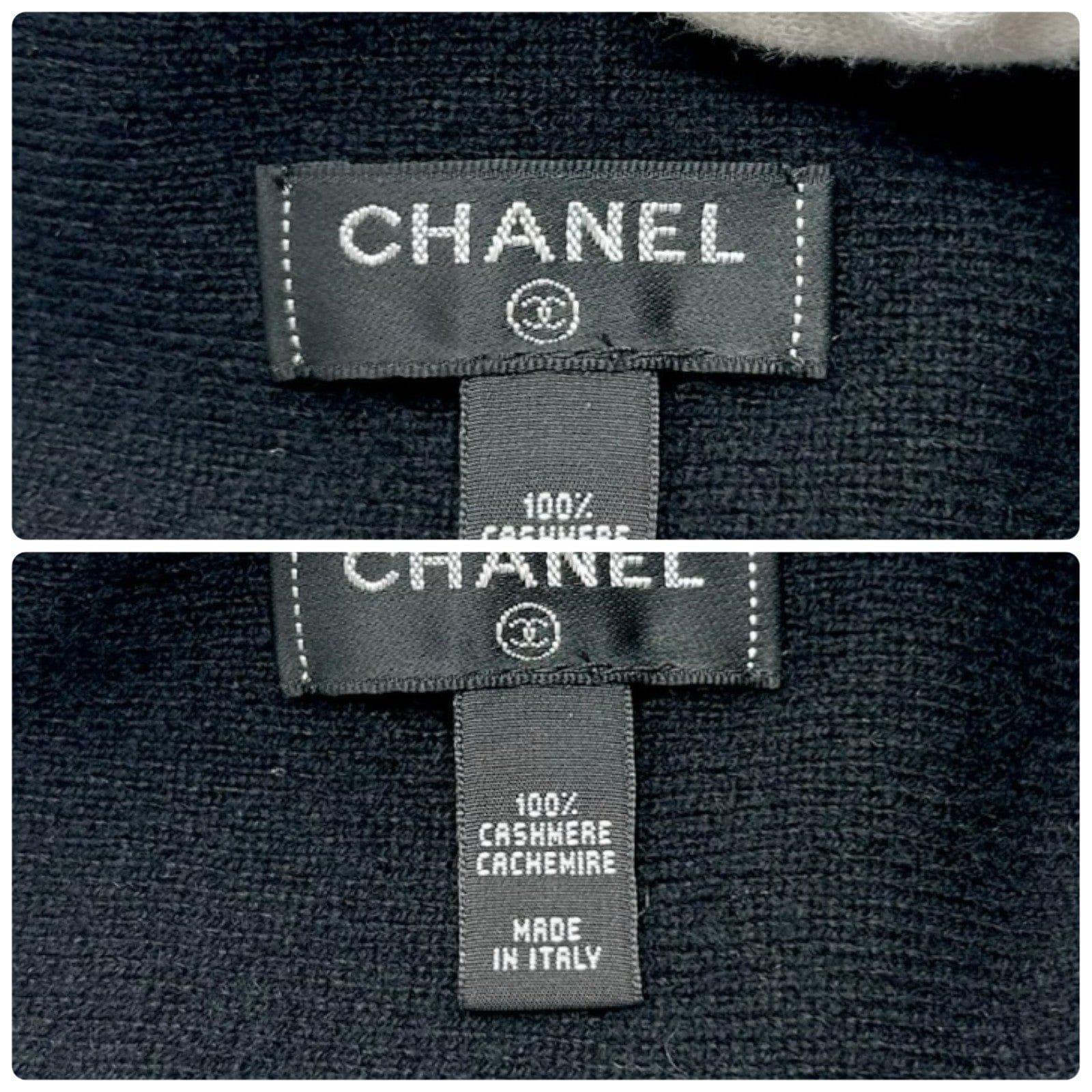 Luxury Promise CHANEL Vintage CC Big Logo Muffler Scarf Wrap Accessory Black Cashmere Patch