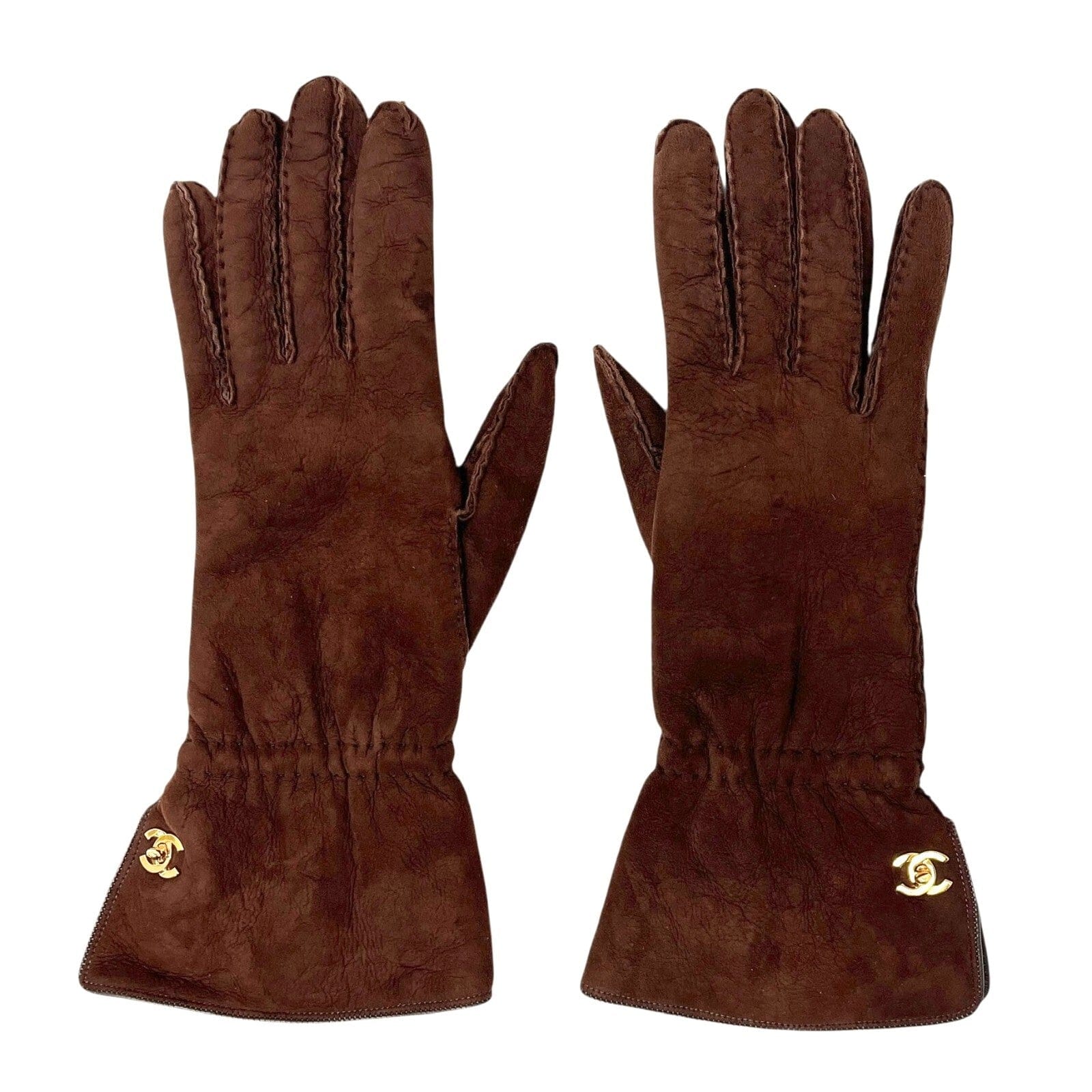 Luxury Promise CHANEL Vintage CC Logo Gloves #L Fashion Accessory Brown Gold Suede Leather