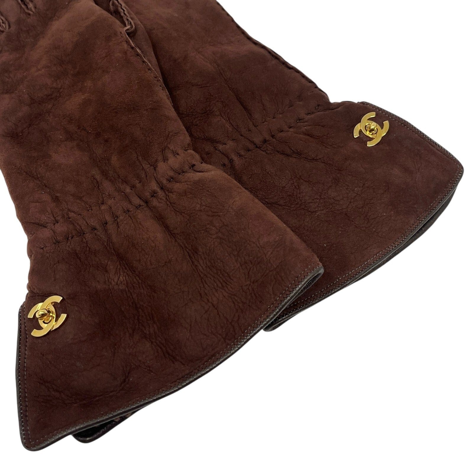 Luxury Promise CHANEL Vintage CC Logo Gloves #L Fashion Accessory Brown Gold Suede Leather