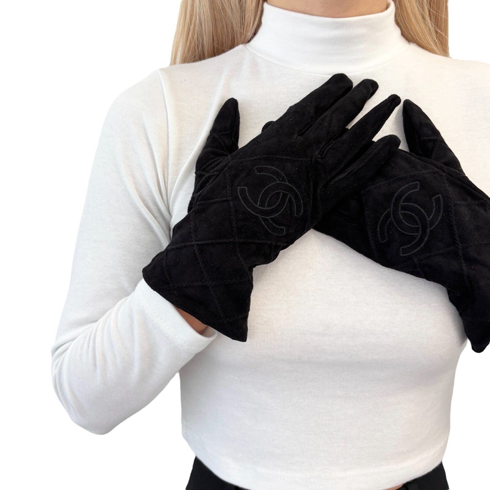 Luxury Promise CHANEL Vintage CC Mark Logo Matelasse Gloves #7.5 Accessory Black Suede Stitch