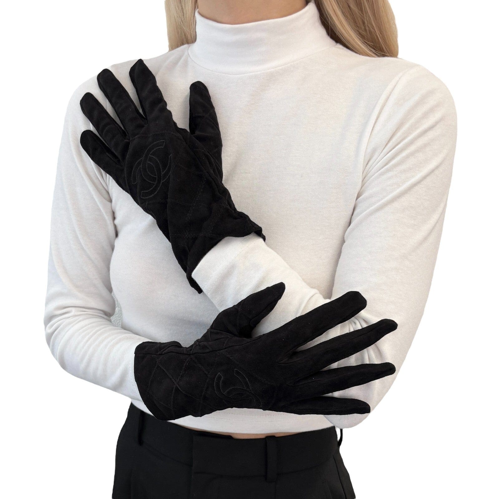 Luxury Promise CHANEL Vintage CC Mark Logo Matelasse Gloves #7.5 Accessory Black Suede Stitch