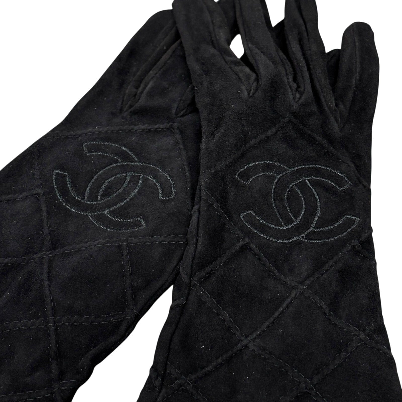 Luxury Promise CHANEL Vintage CC Mark Logo Matelasse Gloves #7.5 Accessory Black Suede Stitch