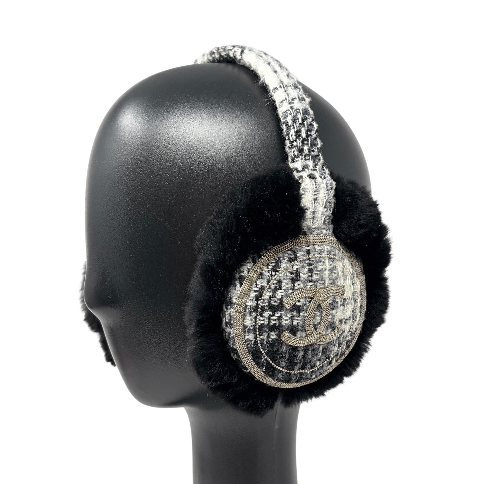 Luxury Promise CHANEL Vintage CC Mark Logo Tweed Earmuffs Fur Accessory Black White Cotton
