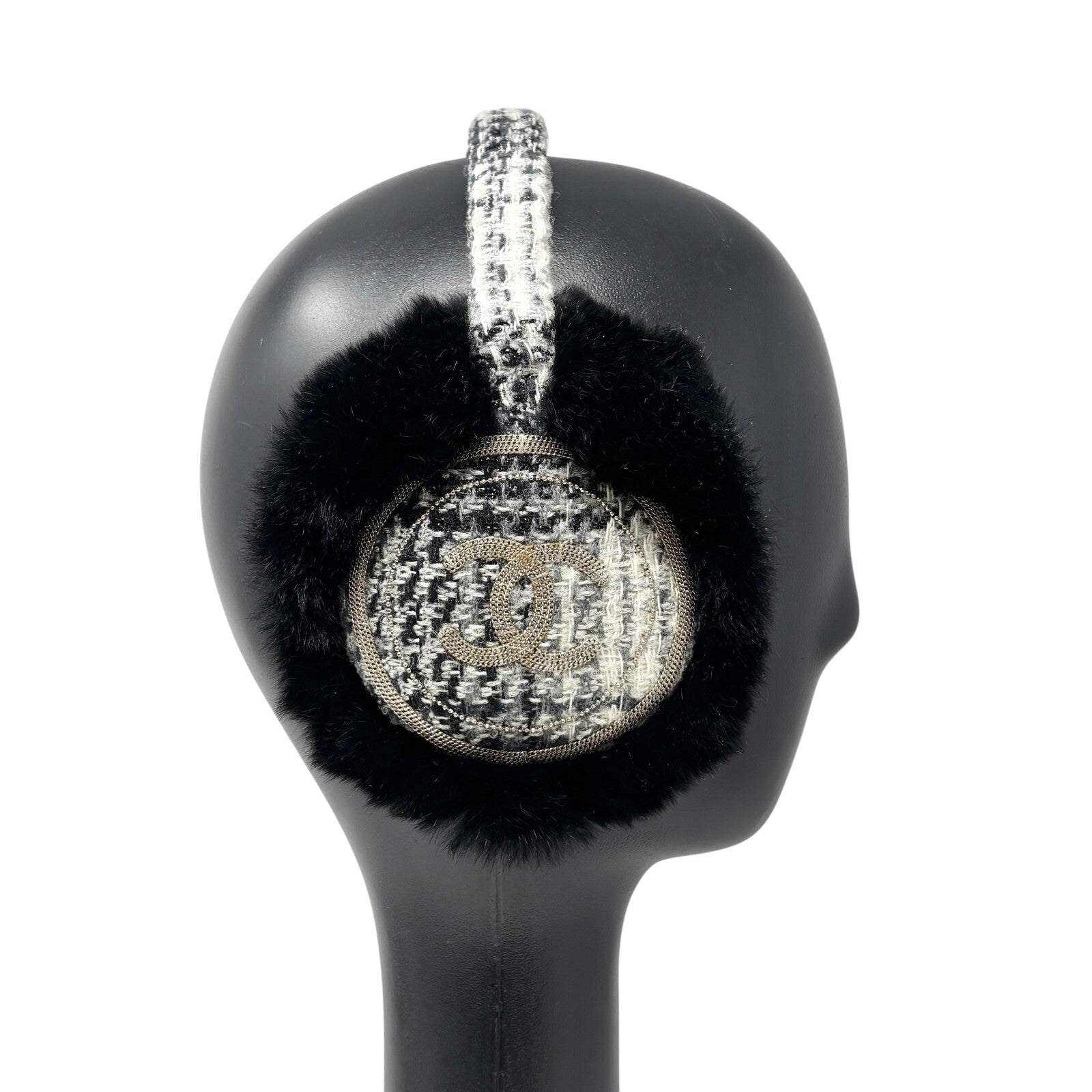 Luxury Promise CHANEL Vintage CC Mark Logo Tweed Earmuffs Fur Accessory Black White Cotton