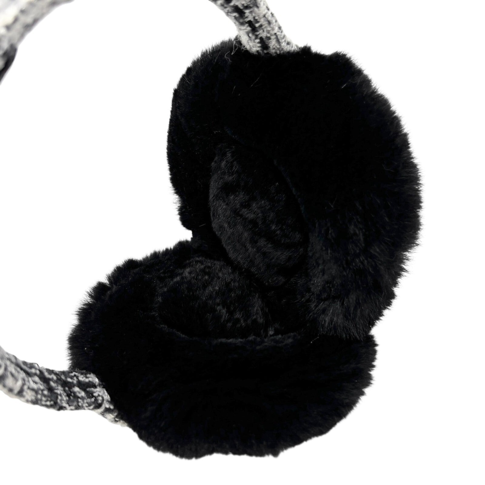 Luxury Promise CHANEL Vintage CC Mark Logo Tweed Earmuffs Fur Accessory Black White Cotton