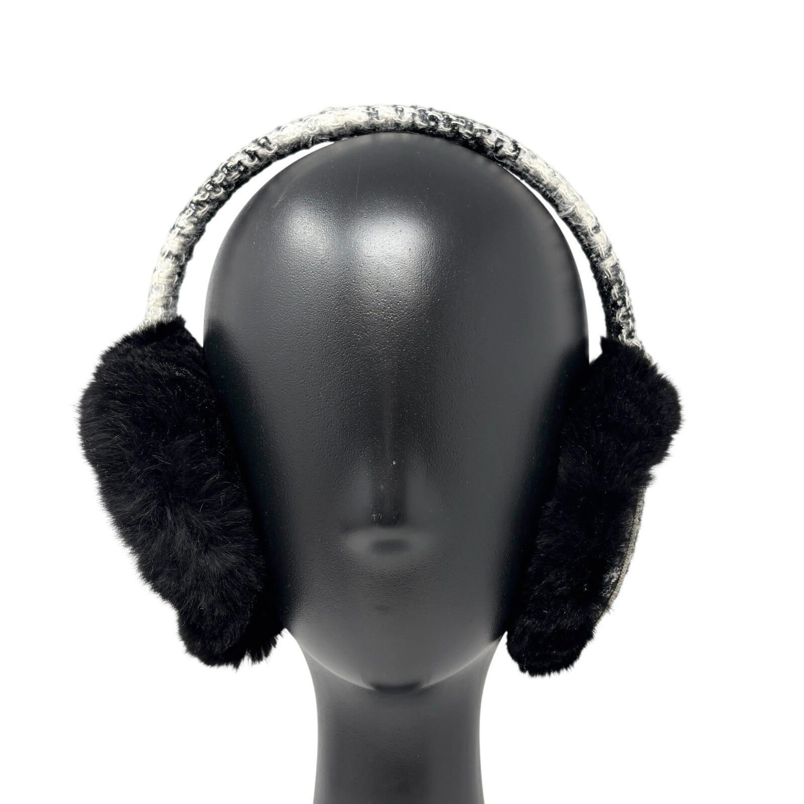 Luxury Promise CHANEL Vintage CC Mark Logo Tweed Earmuffs Fur Accessory Black White Cotton