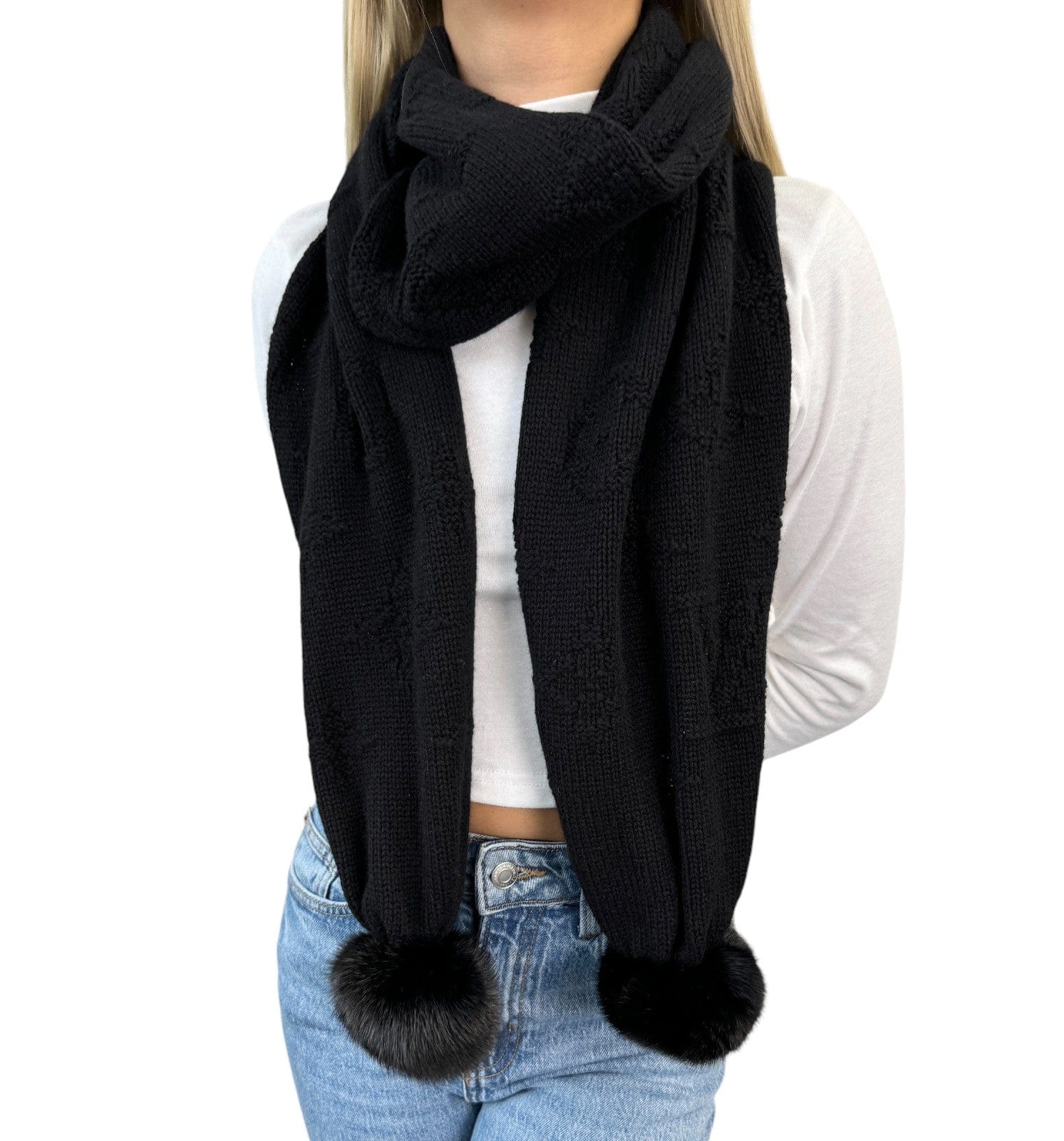 Luxury Promise LOUIS VUITTON Vintage LV Monogram Logo Knit Scarf Shawl Wrap Fur Black Cashmere