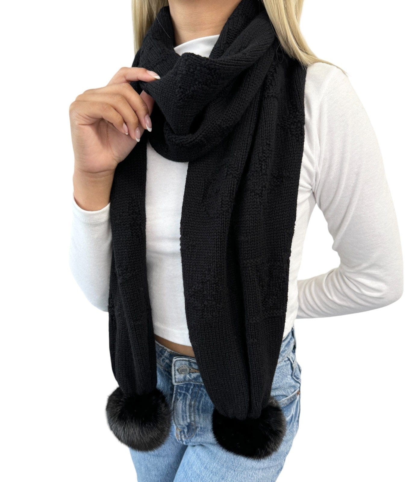 Luxury Promise LOUIS VUITTON Vintage LV Monogram Logo Knit Scarf Shawl Wrap Fur Black Cashmere