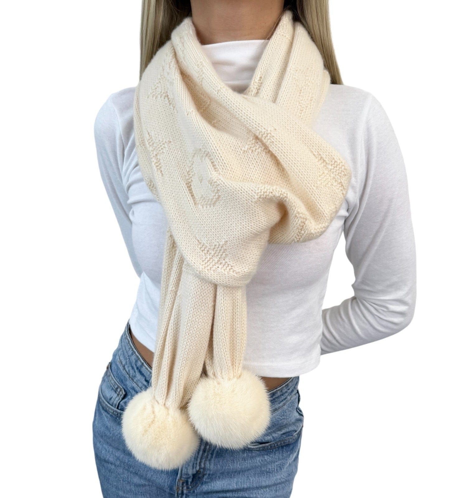 Luxury Promise LOUIS VUITTON Vintage Monogram Escharpe Fur Scarf Shawl Cream Cashmere Logo