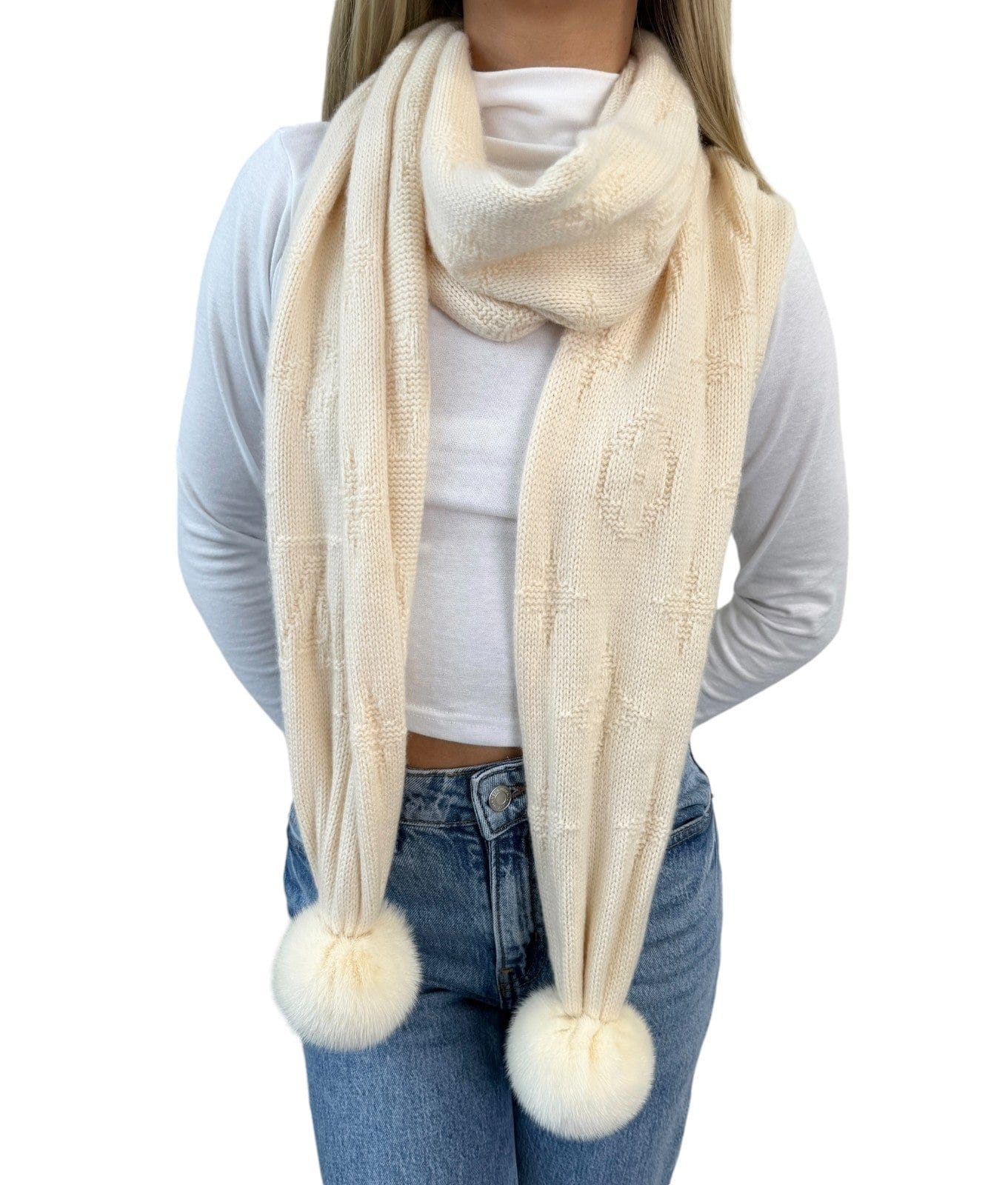 Luxury Promise LOUIS VUITTON Vintage Monogram Escharpe Fur Scarf Shawl Cream Cashmere Logo