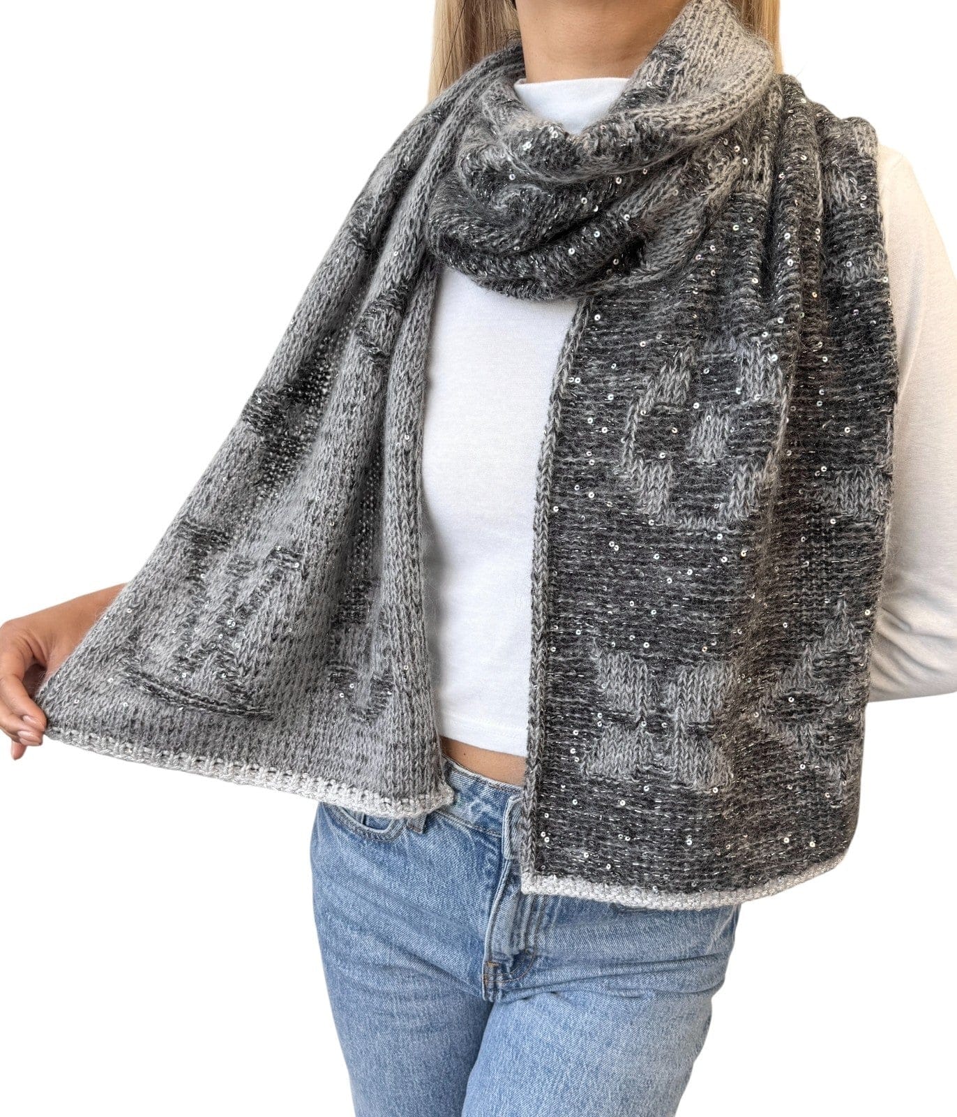Luxury Promise LOUIS VUITTON Vintage Monogram Logo Knit Sequins Scarf Muffler Wrap Gray Mohair