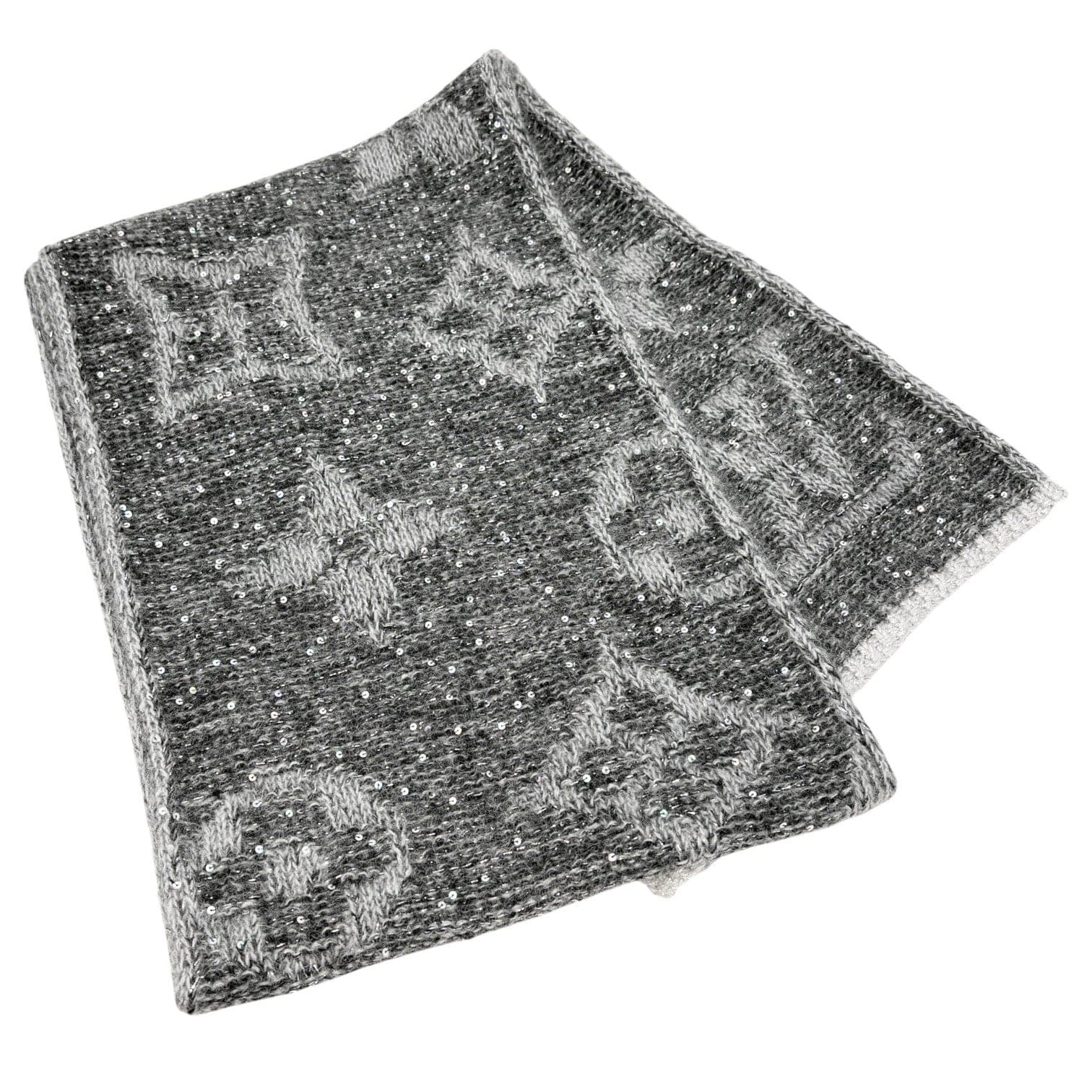Luxury Promise LOUIS VUITTON Vintage Monogram Logo Knit Sequins Scarf Muffler Wrap Gray Mohair