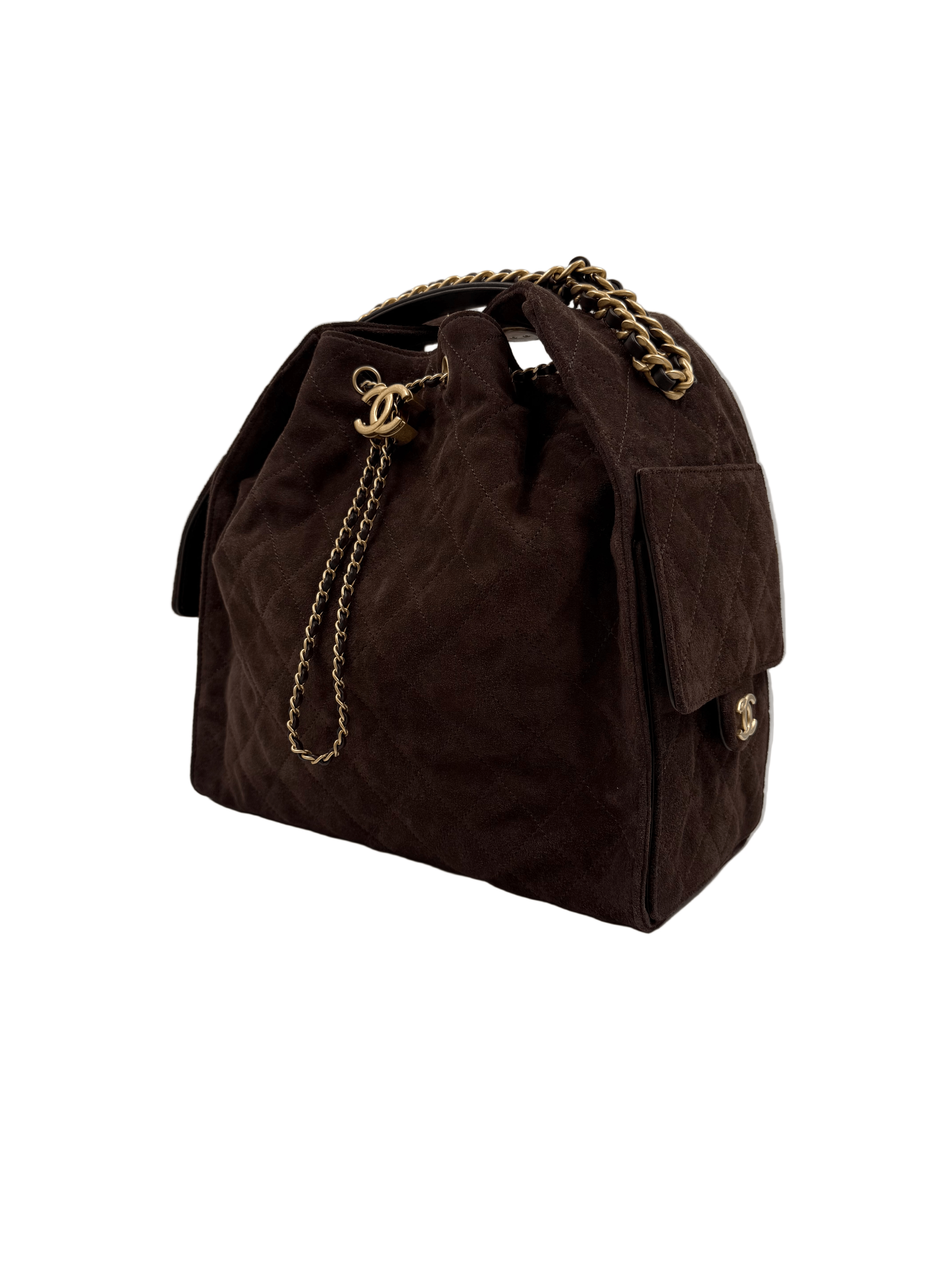 LUXURY PROMISE *HK LOCATED* CHANEL 25 MEDIUM HANDBAG DARK BROWN Suede with Gold-Tone Hardware
