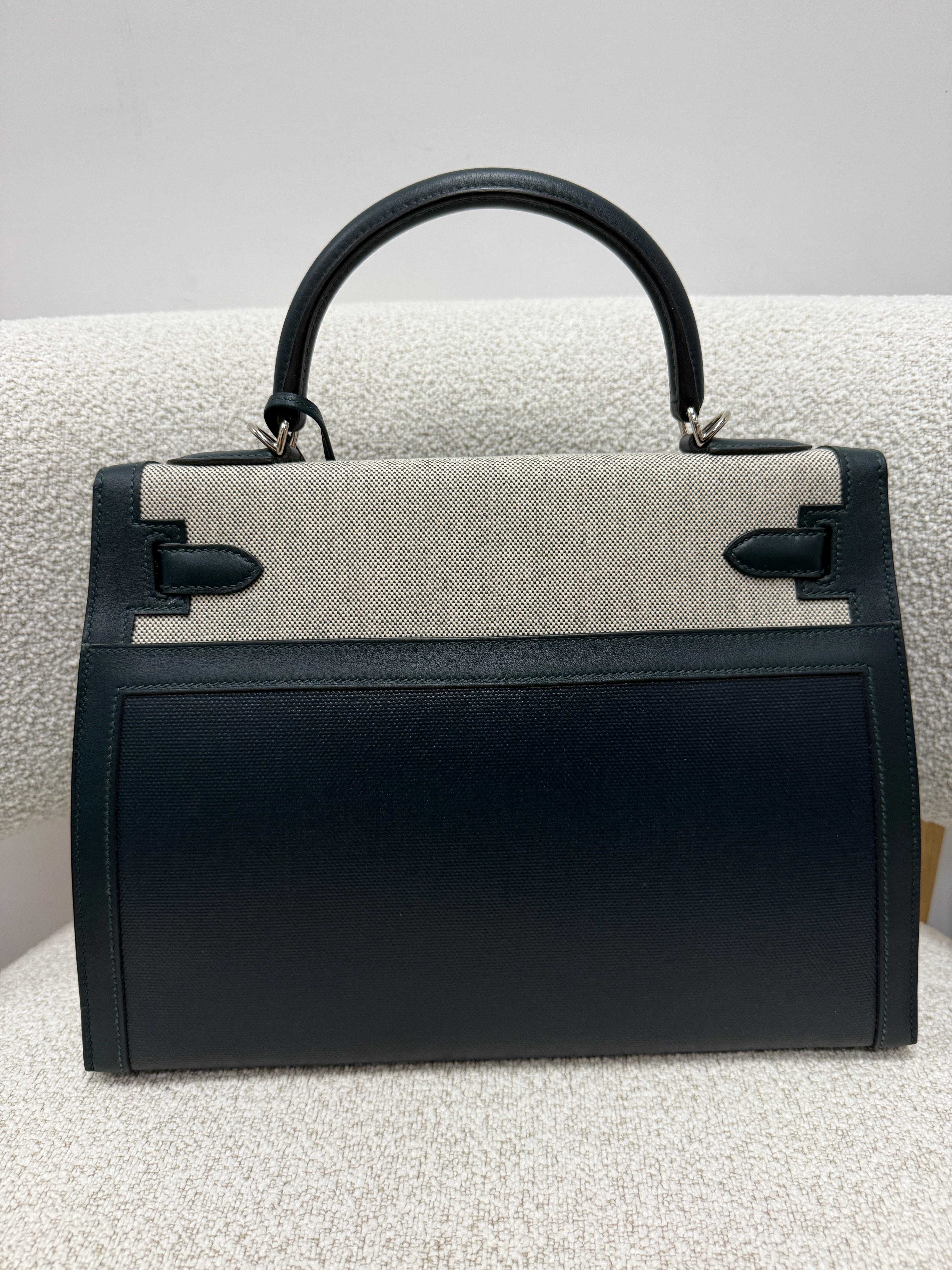 LUXURY PROMISE *HK LOCATED*PRELOVED HERMÈS KELLY 32CM VERT CYPRESS Toile H Berline and Swift Leather with Palladium Hardware