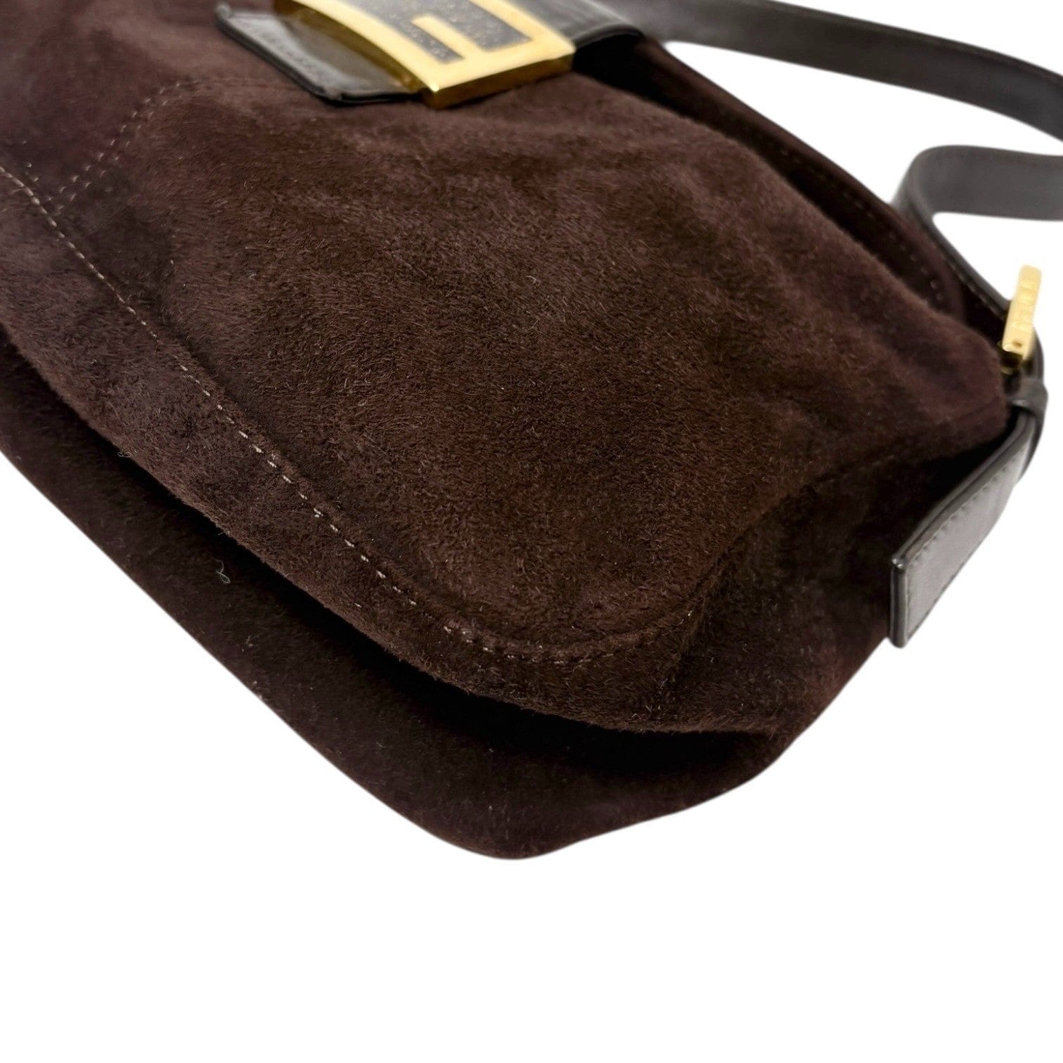 Luxury Promise FENDI Vintage FF Logo Mamma Baguette Shoulder Bag Handbag Brown Gold Suede