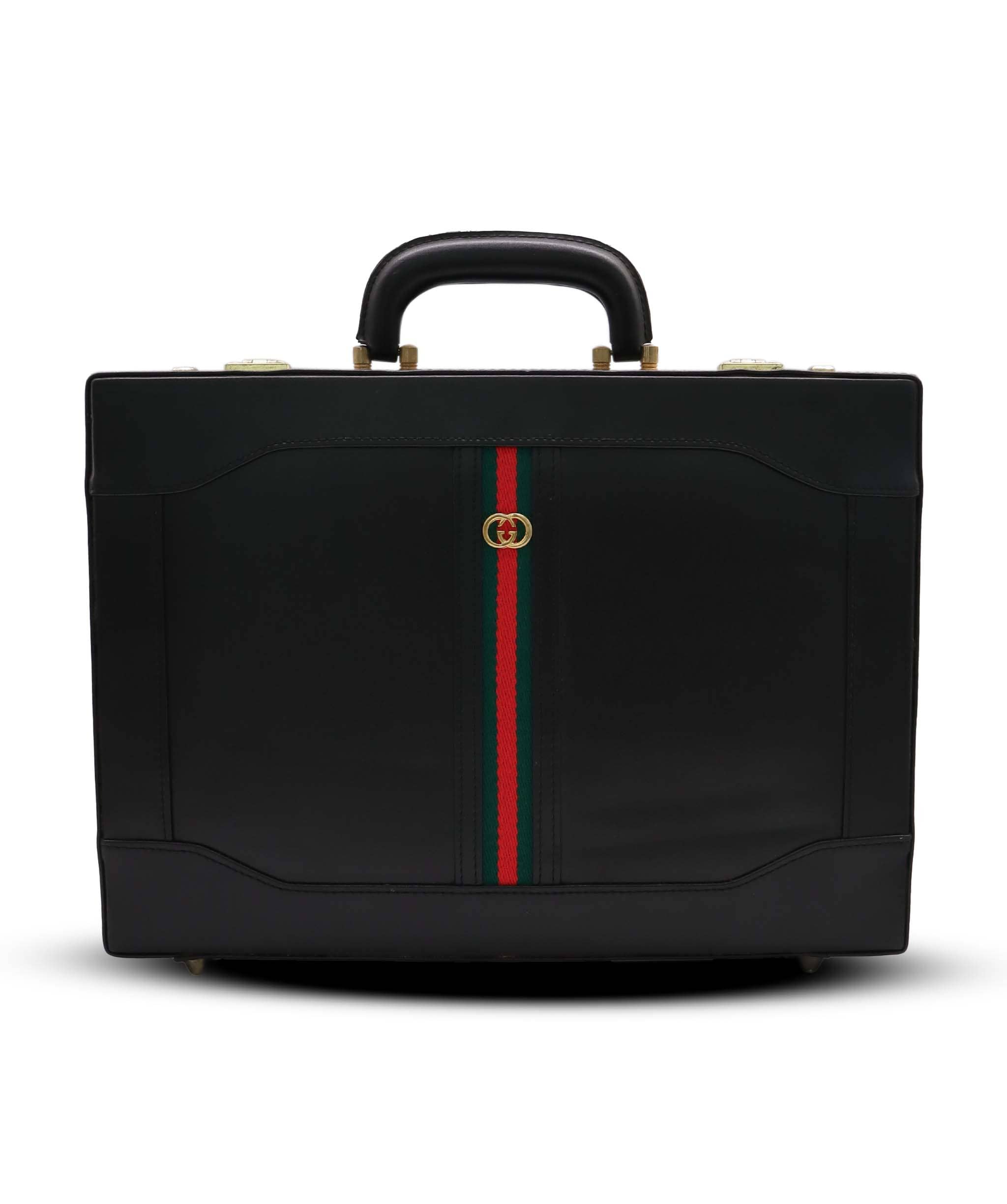 Luxury Promise GUCCI Web Sherry Line Attache Case Hand Bag Leather Black Gold Auth 150578