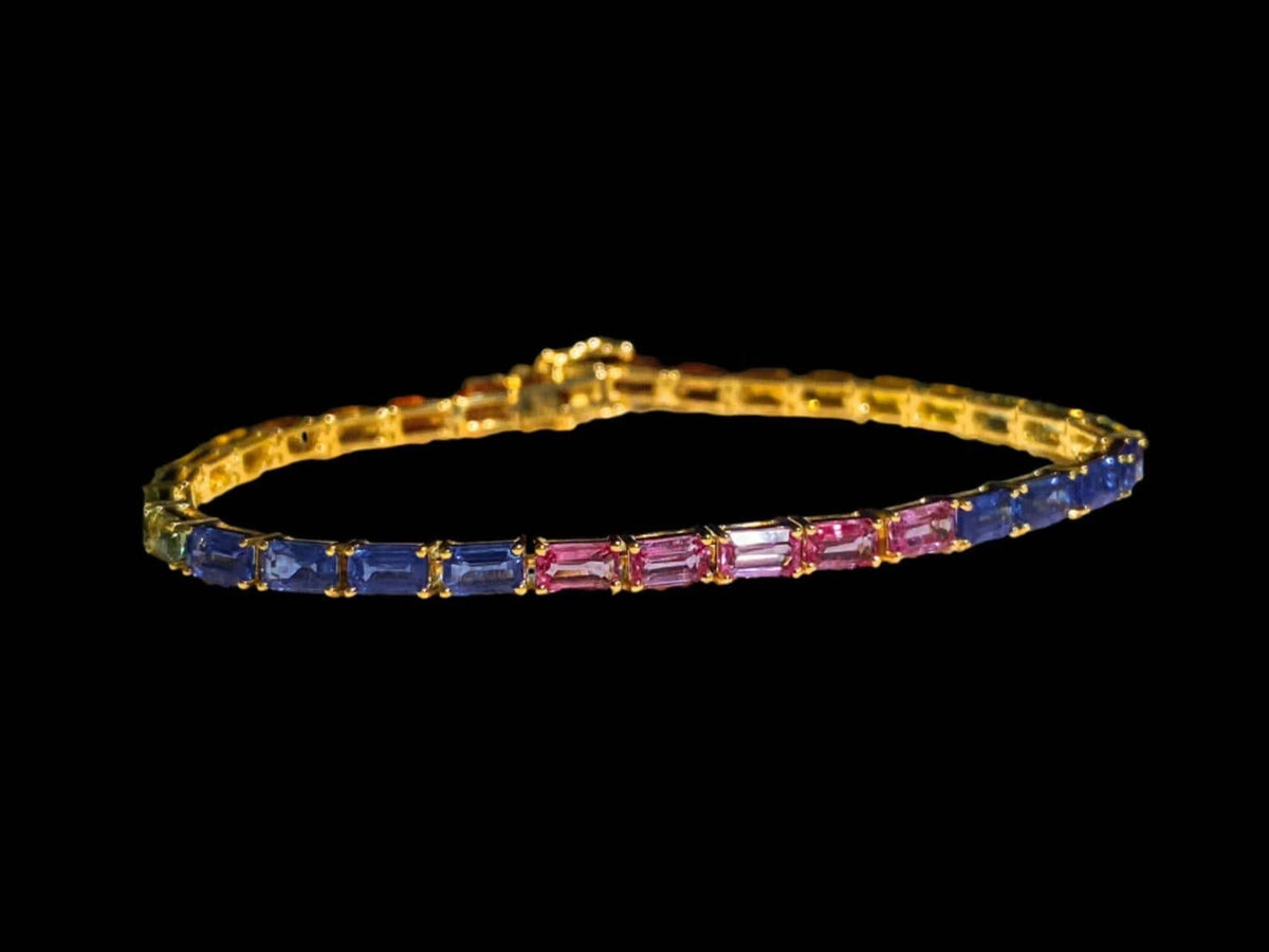 Luxury Promise 11.78ct Multi Sapphire (including Cornflour Blue) Emerald Cut Tennis Bracelet set in 18K Yellow Gold