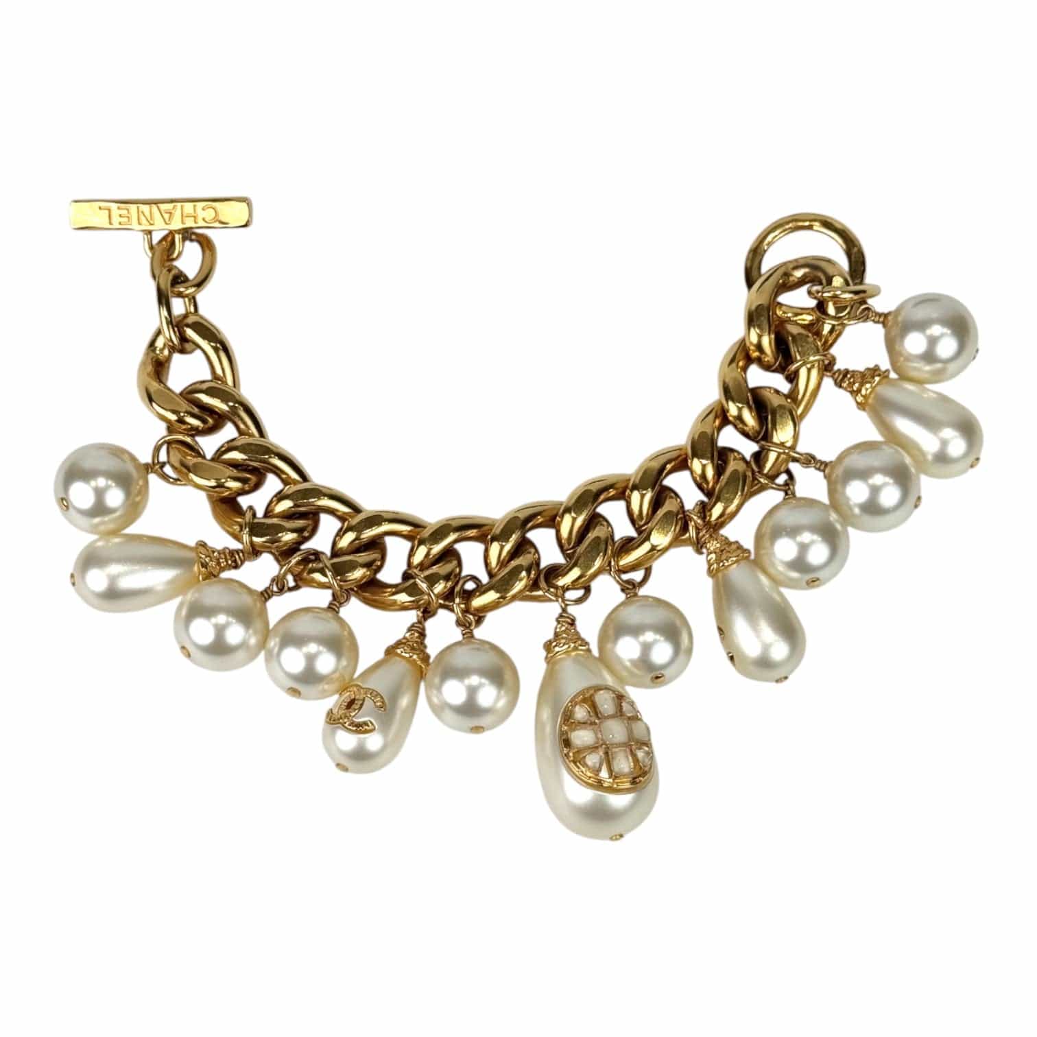 Luxury Promise Chanel 20K Pearl Charm Cuff Gold Bracelet