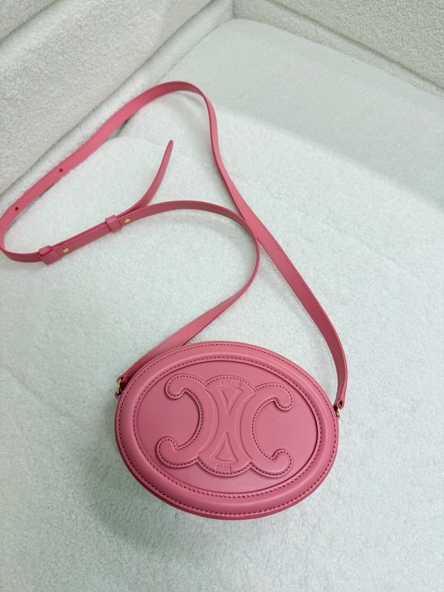 LUXURY PROMISE Celine Triomphe Small Oval Crossbody Bag in Pink Smooth Calfskin