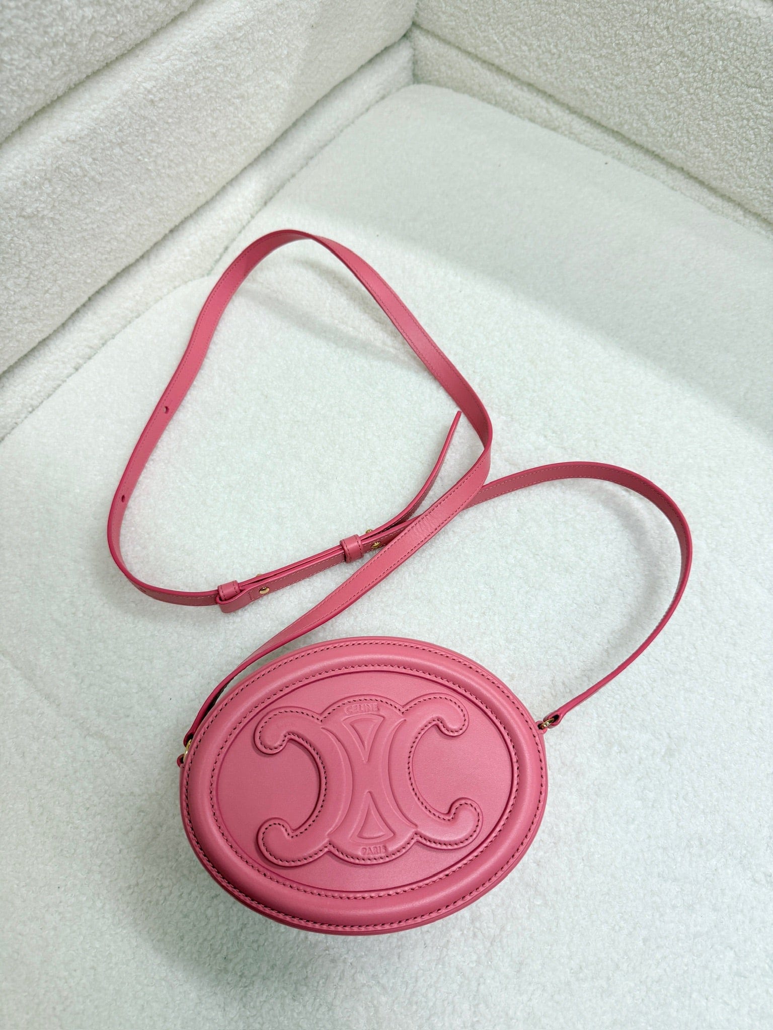 LUXURY PROMISE Celine Triomphe Small Oval Crossbody Bag in Pink Smooth Calfskin