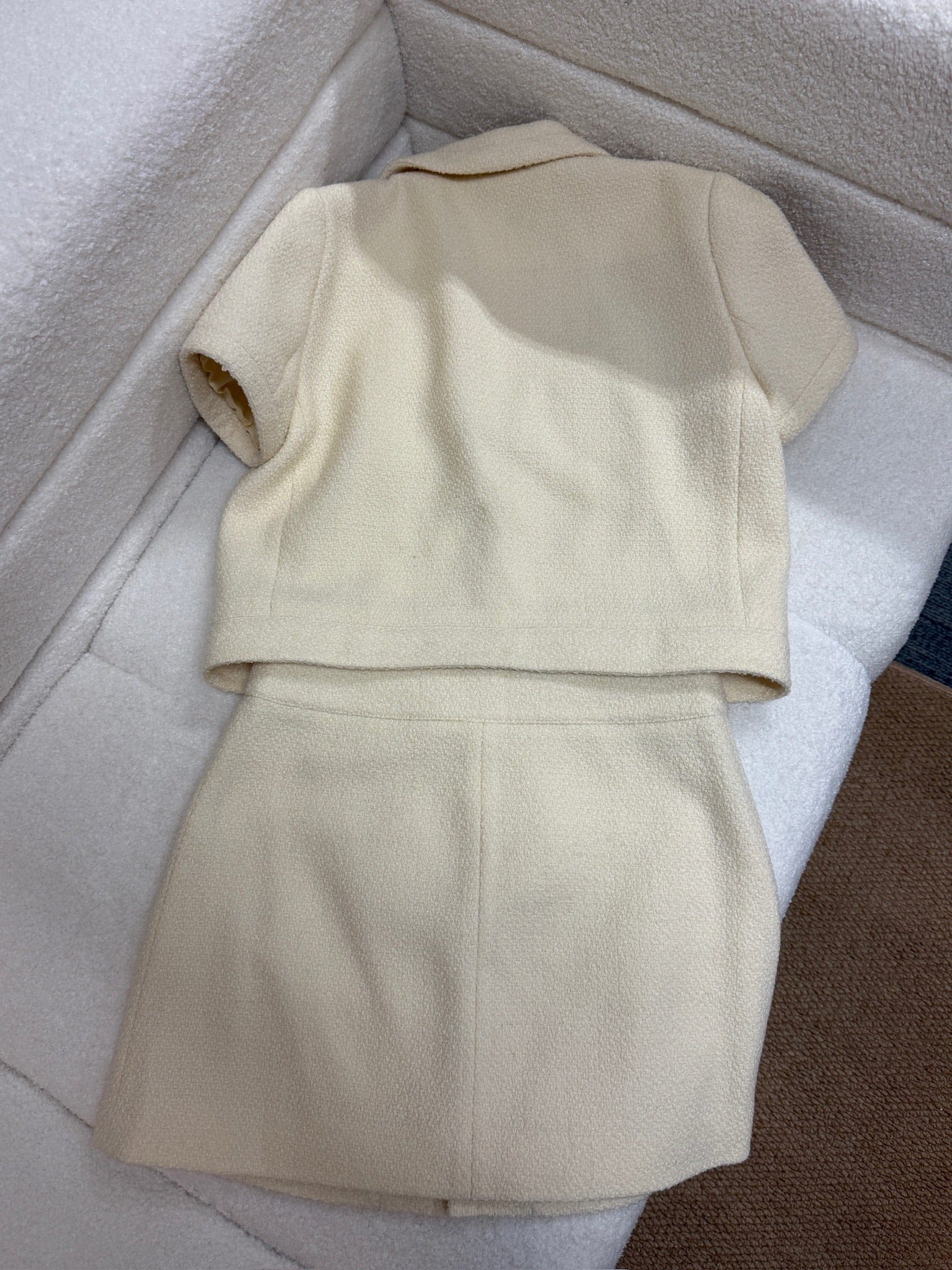 LUXURY PROMISE Celine Women's Wool Blend Tweed Short Sleeve Jacket & Skirt Set - Beige with Gold Buttons