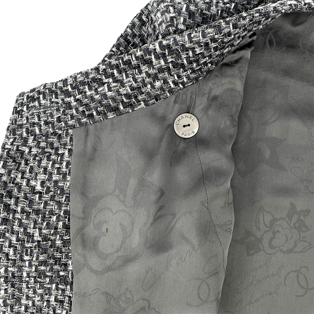 LUXURY PROMISE CHANEL CAMELLIA COCO BUTTON TWEED JACKET GRAY NYLON 50 P51 RTW 90303319
