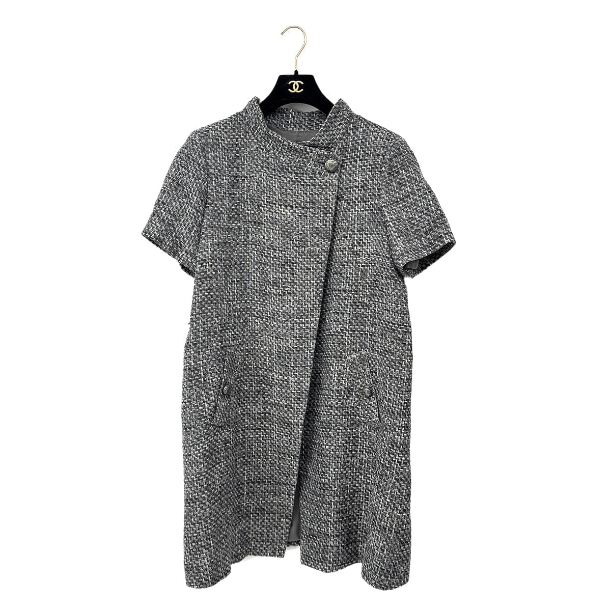 LUXURY PROMISE CHANEL CAMELLIA COCO BUTTON TWEED JACKET GRAY NYLON 50 P51 RTW 90303319