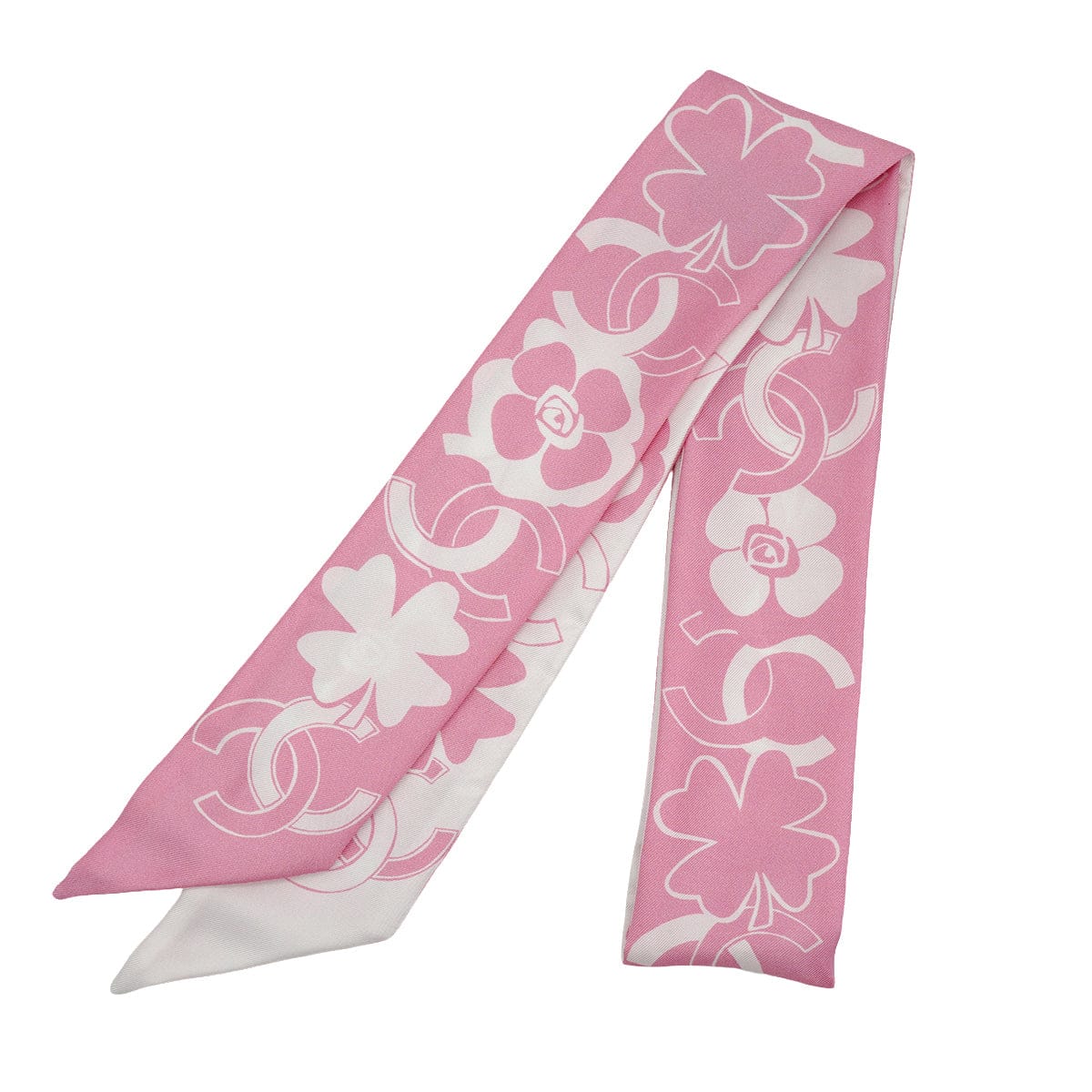 LUXURY PROMISE CHANEL CAMELLIA PATTERN SCARF HAIR BAND PINK WHITE SILK ACCESSORY 90339429