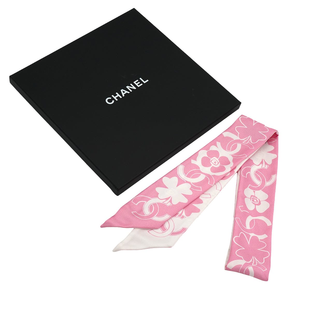 LUXURY PROMISE CHANEL CAMELLIA PATTERN SCARF HAIR BAND PINK WHITE SILK ACCESSORY 90339429